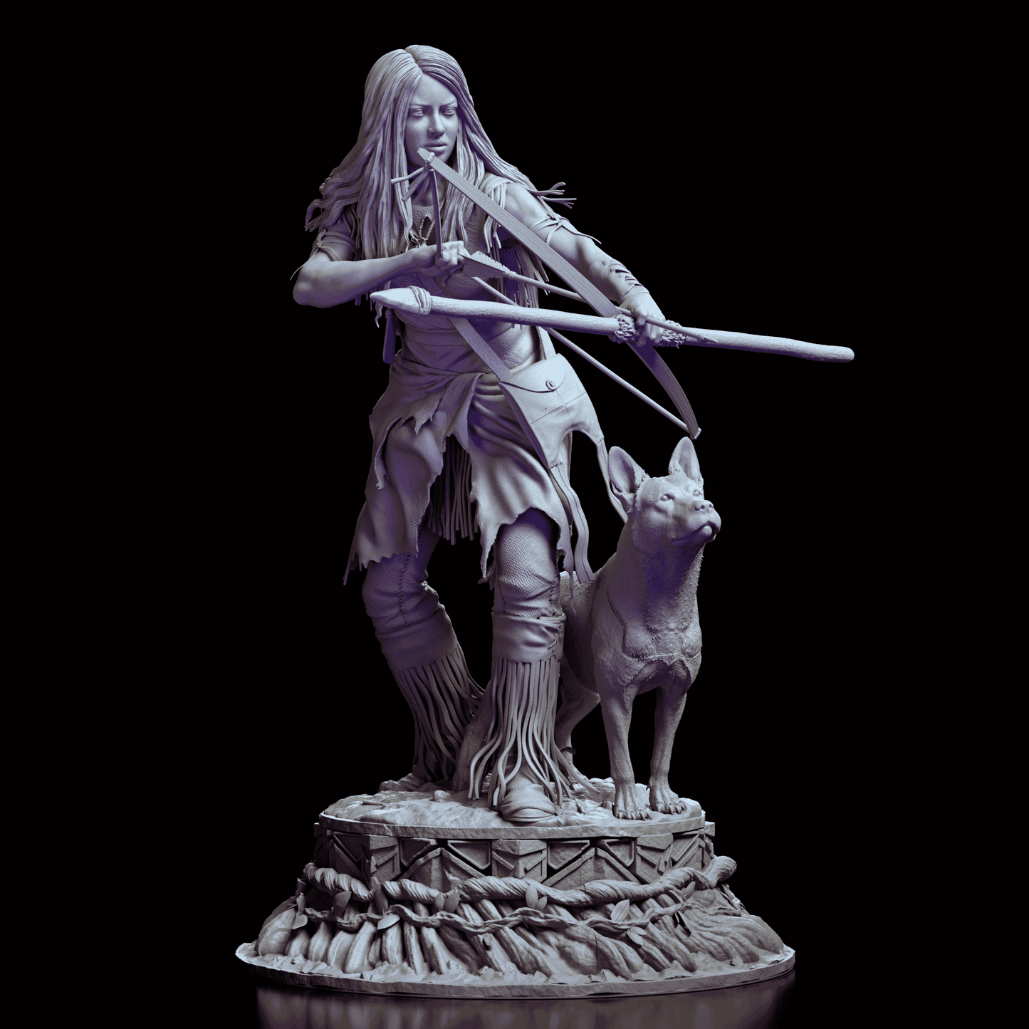 Front view of Naru figure model kit  drawing her bow beside her faithful canine on a sculpted terrain base  