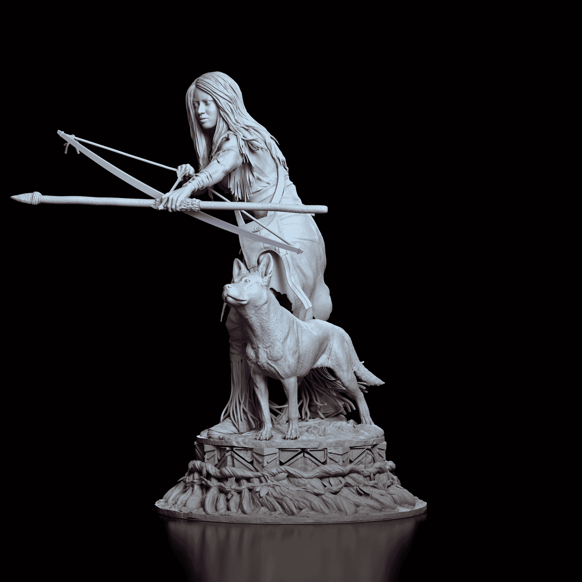 Left side view of Naru figure model kit pulling an arrow back on her bow with detailed fringe clothing and dog companion  