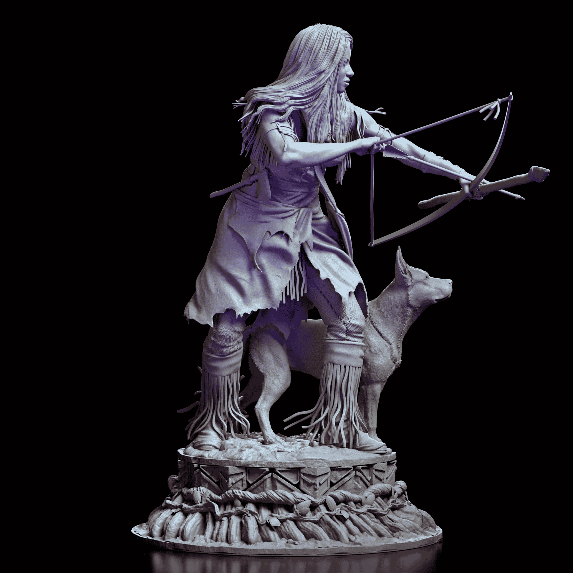 Right side view of Naru figure model kit aiming her bow with her loyal dog standing alert on a carved base  
