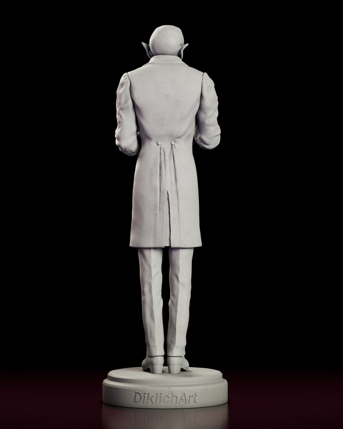 Rear view of the Count Orlok Nosferatu maquette figure model kit showing the high collar, the plain back panel of the frock coat and the stepped disc base