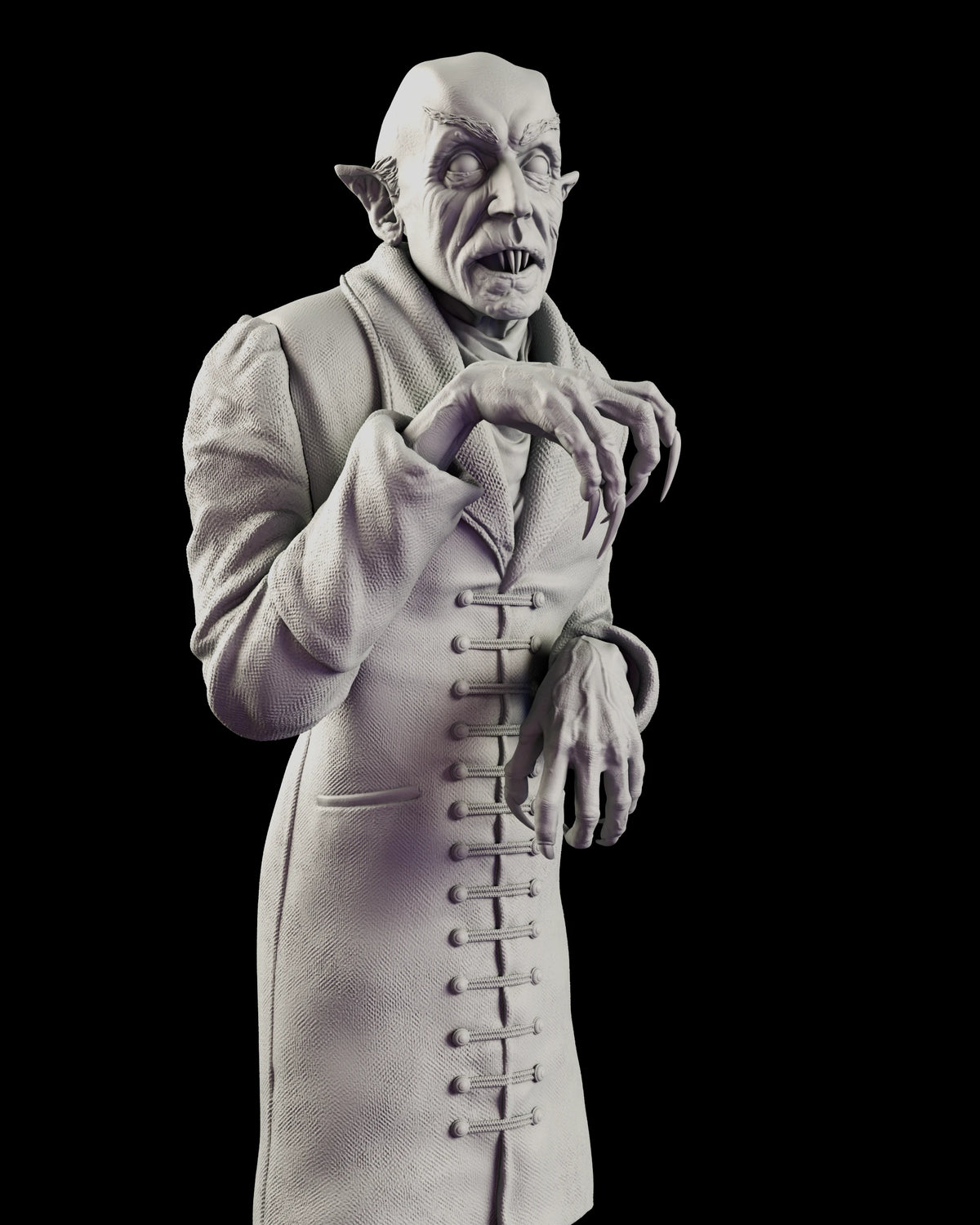 Close detail of the Count Orlok Nosferatu maquette figure model kit showing the elongated fingers and splinter-like nails of the raised hand against the textured weave of the coat