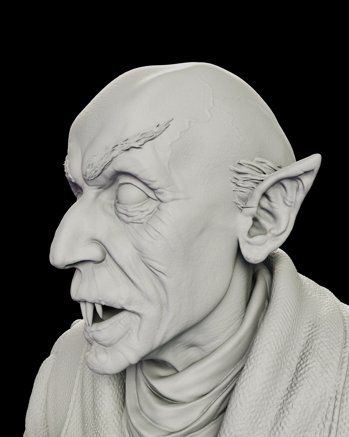 Portrait detail of the Count Orlok Nosferatu maquette figure model kit showing the domed hairless skull, pointed ears, high arched brows and the pair of long front incisors in a parted mouth