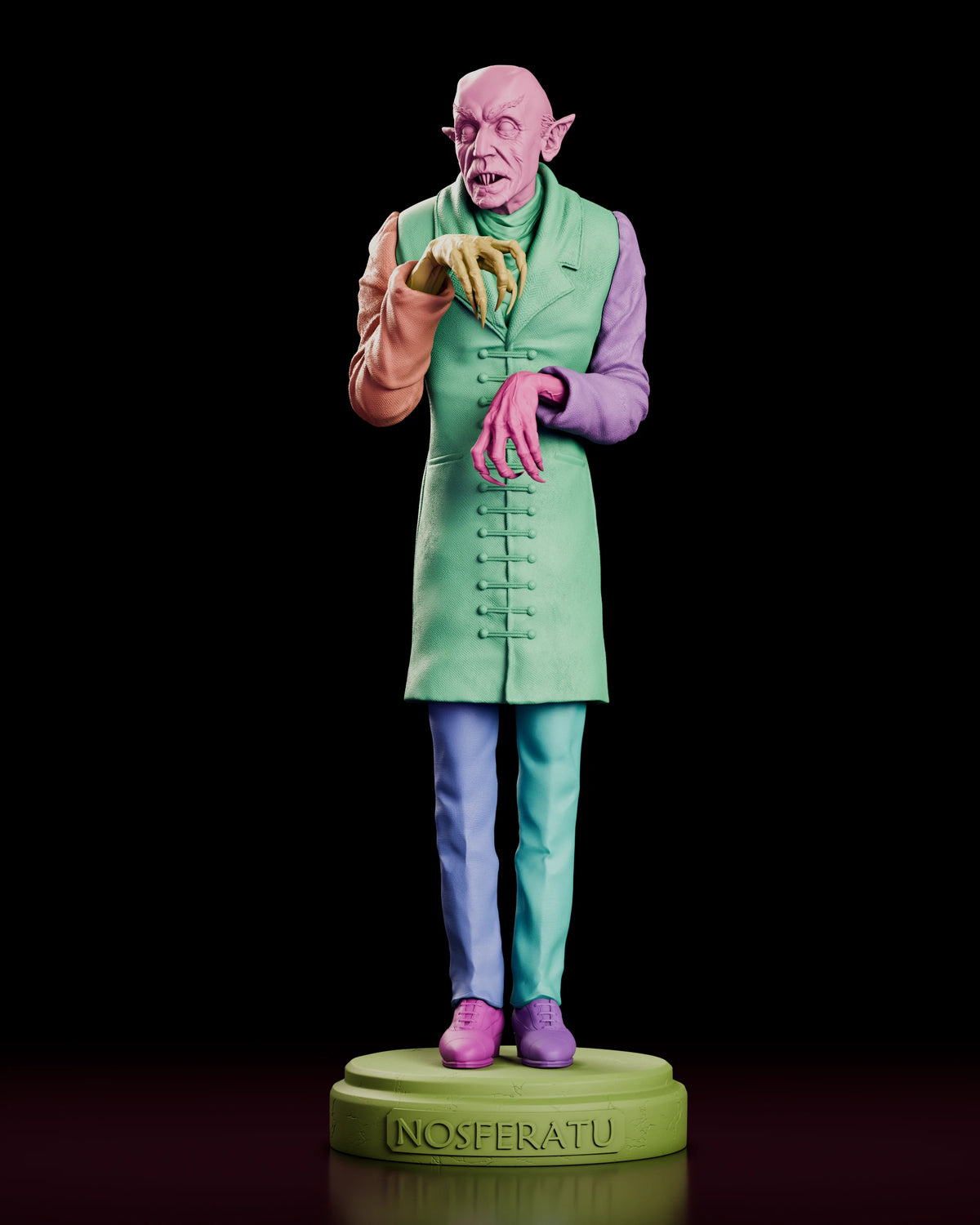 Parts breakdown of the Count Orlok Nosferatu maquette figure model kit with each component shown in a separate colour, including the head, both hands, the coat, the separate sleeves, the trousers, the shoes and the round nameplate base