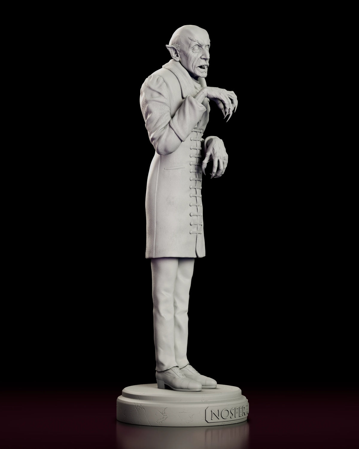 Right side view of the Count Orlok Nosferatu maquette figure model kit showing the rounded shoulders and forward tilt of the head in profile, with the coat hanging past the knee