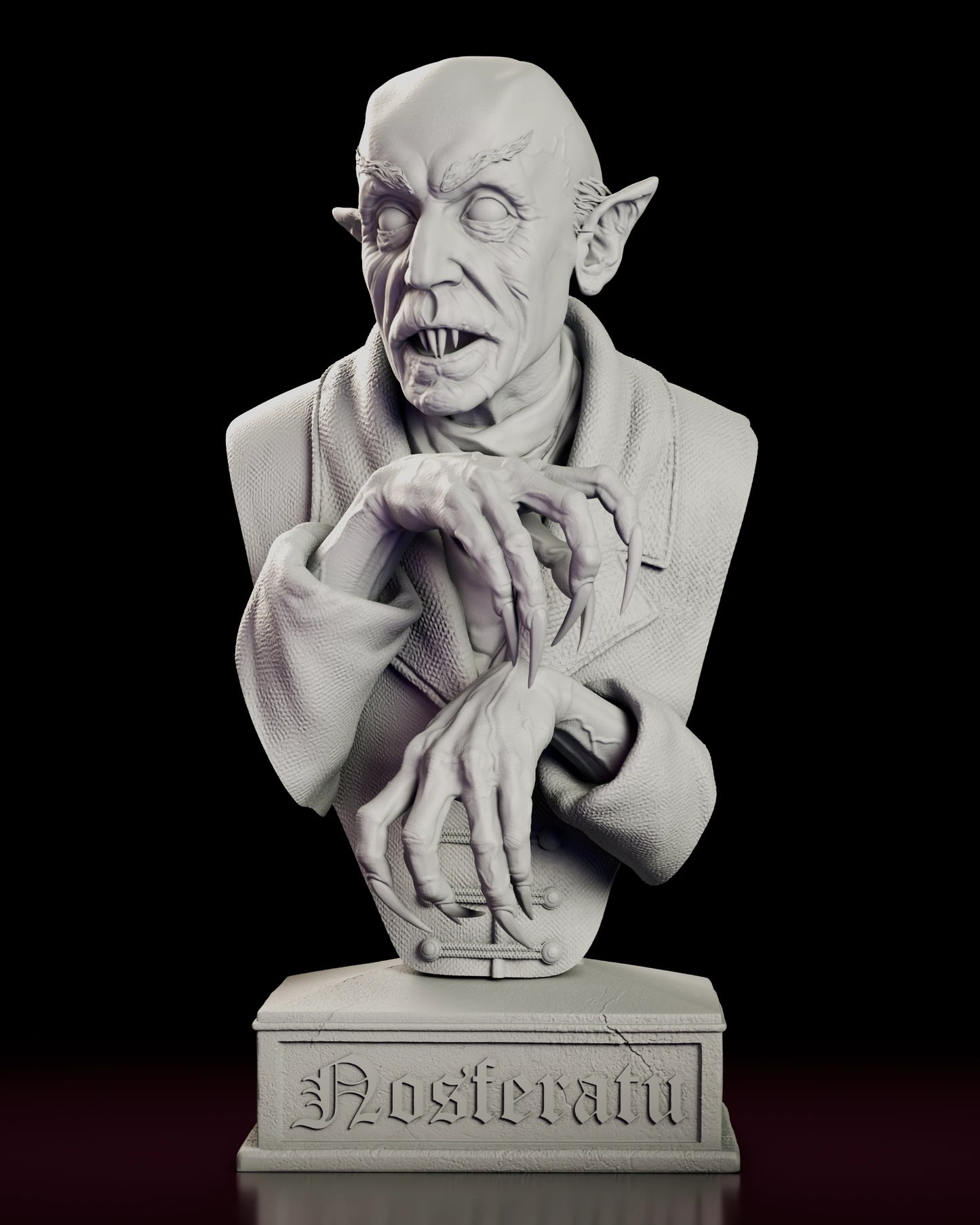Front view of the Count Orlok Nosferatu portrait bust with talons folded across a double-breasted coat and the word Nosferatu carved in blackletter on the plinth