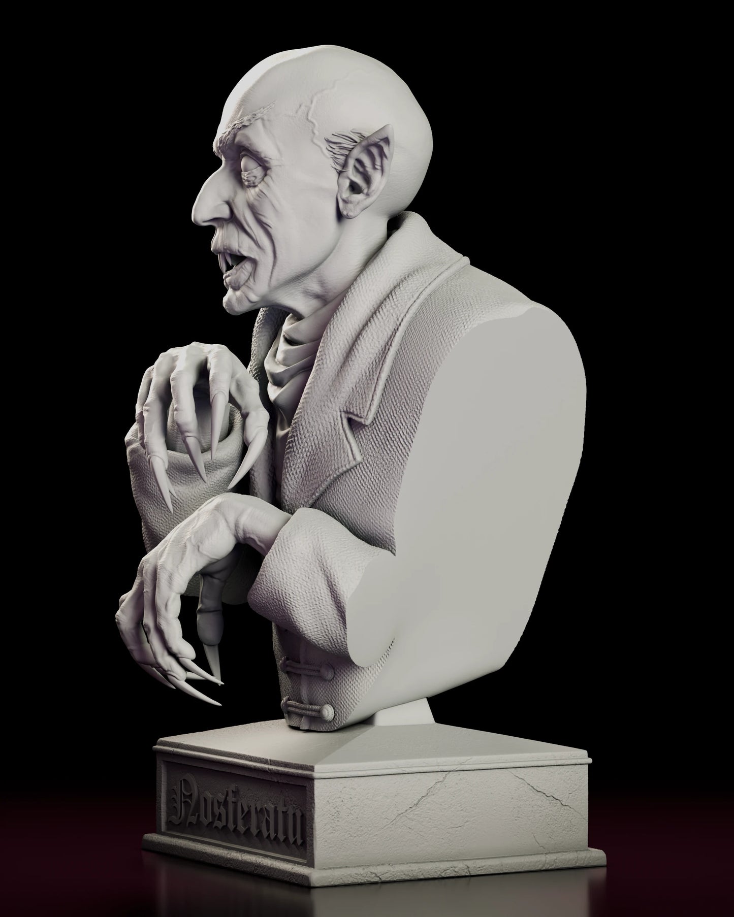 Left side view of the Count Orlok Nosferatu portrait bust showing the wide cuff of the sleeve and the fall of the collar behind the crossed hands