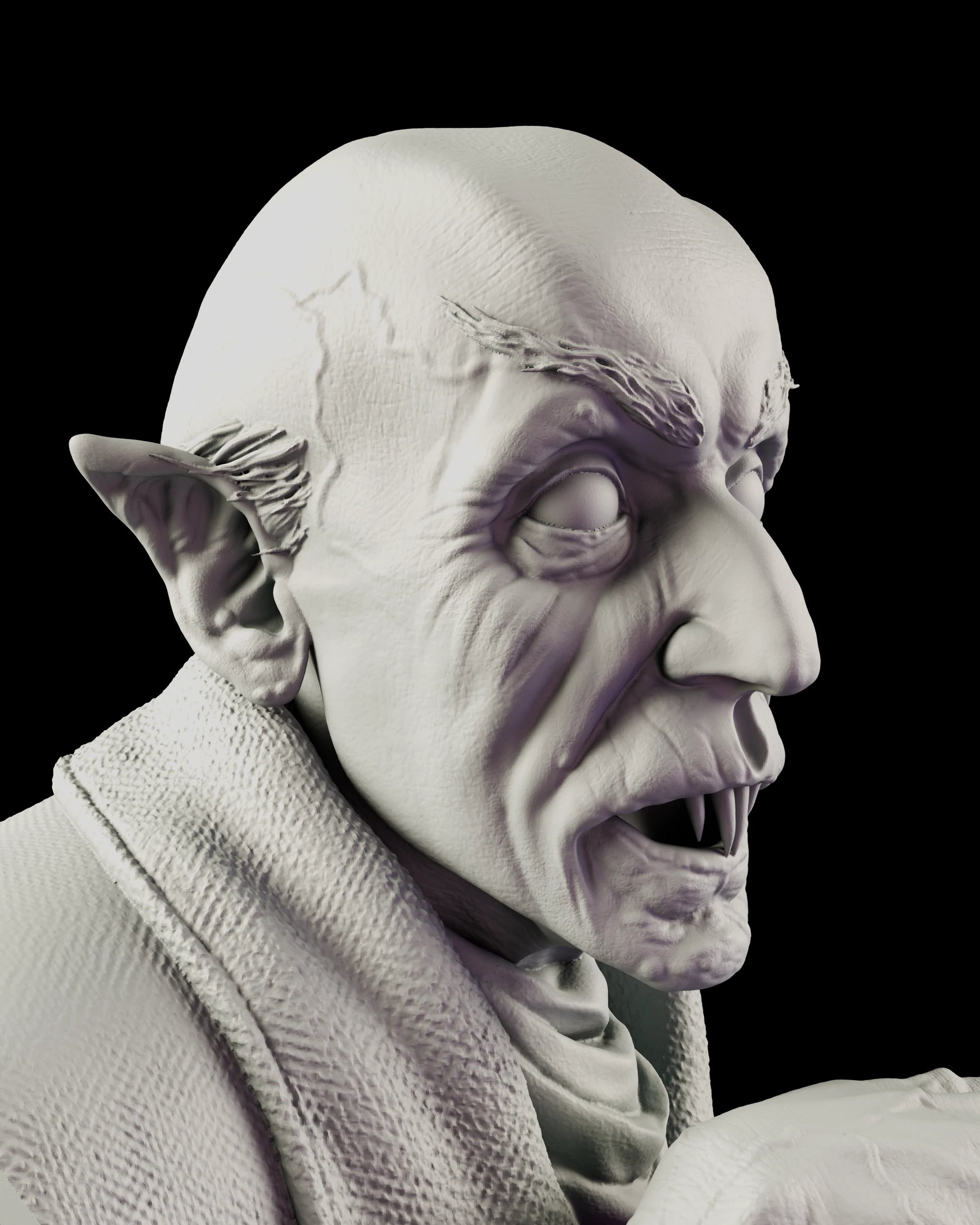 Portrait detail of the Count Orlok Nosferatu bust showing the domed skull, pointed ears, stacked forehead creases and the two long front incisors in an open mouth