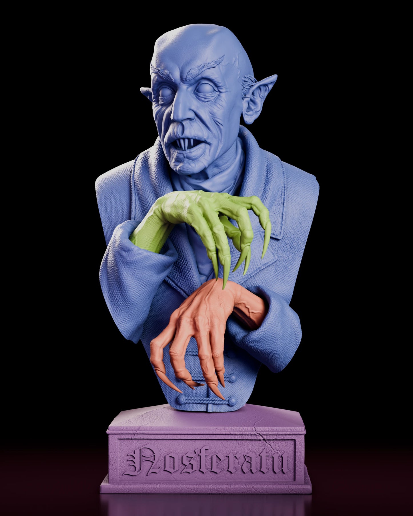 Parts breakdown of the Count Orlok Nosferatu portrait bust with each component shown in a separate colour, including the head, the crossed hands, the collared coat and the carved nameplate plinth