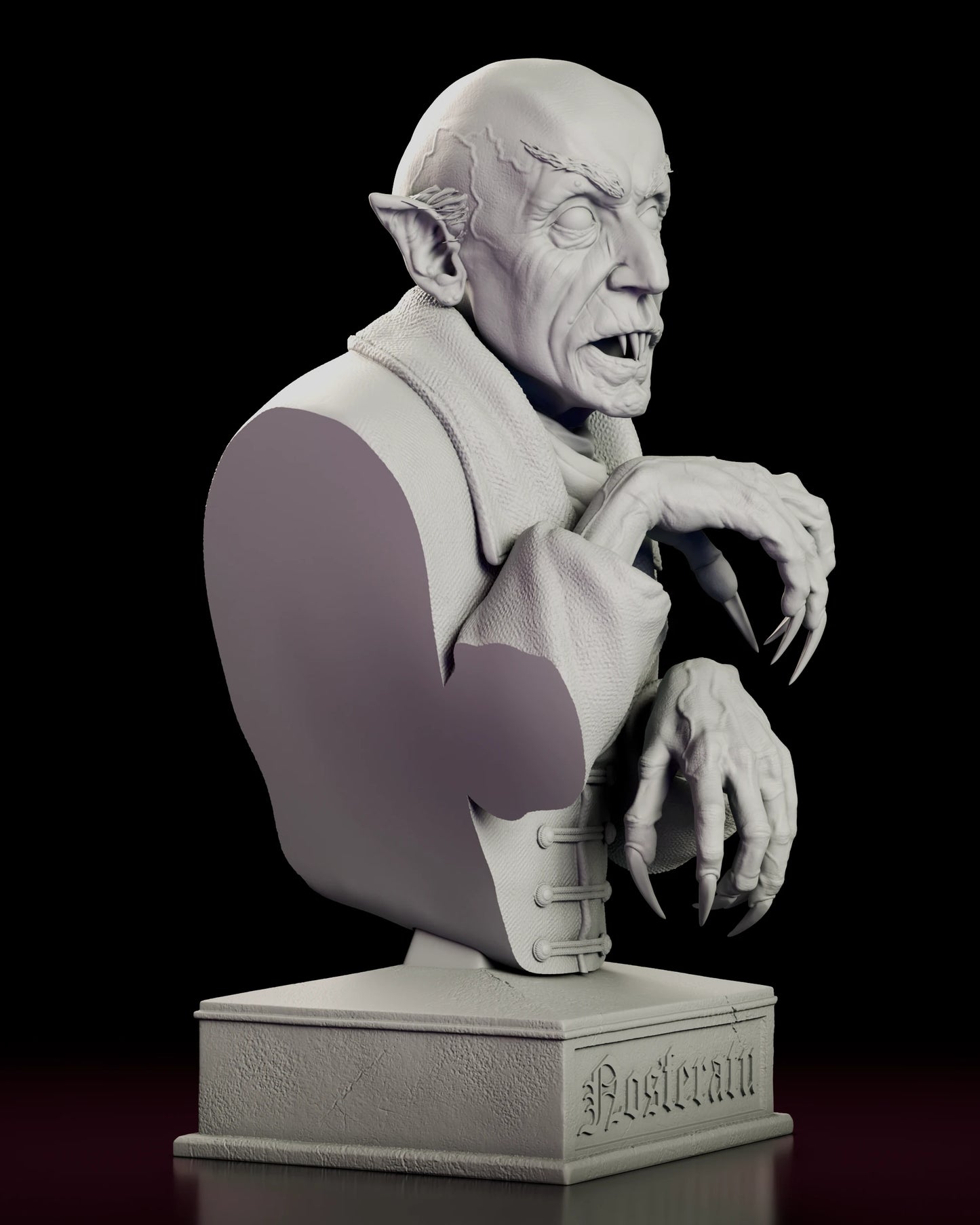 Right side view of the Count Orlok Nosferatu portrait bust showing the profile of the domed skull and pointed ear above the broad upstanding coat collar