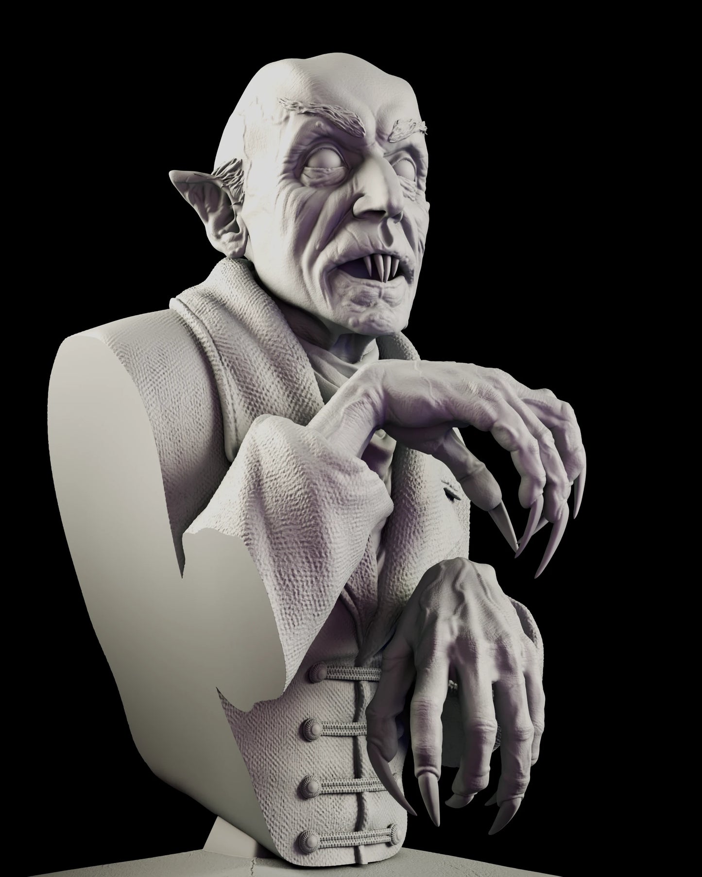 Close detail of the Count Orlok Nosferatu portrait bust showing both hands crossed at the chest with elongated knuckled fingers and long curving nails overhanging the coat buttons