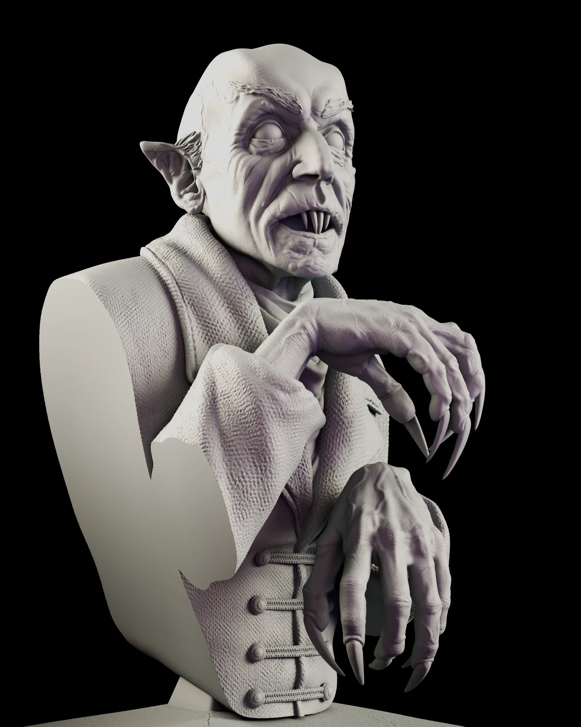 Close detail of the Count Orlok Nosferatu portrait bust showing both hands crossed at the chest with elongated knuckled fingers and long curving nails overhanging the coat buttons