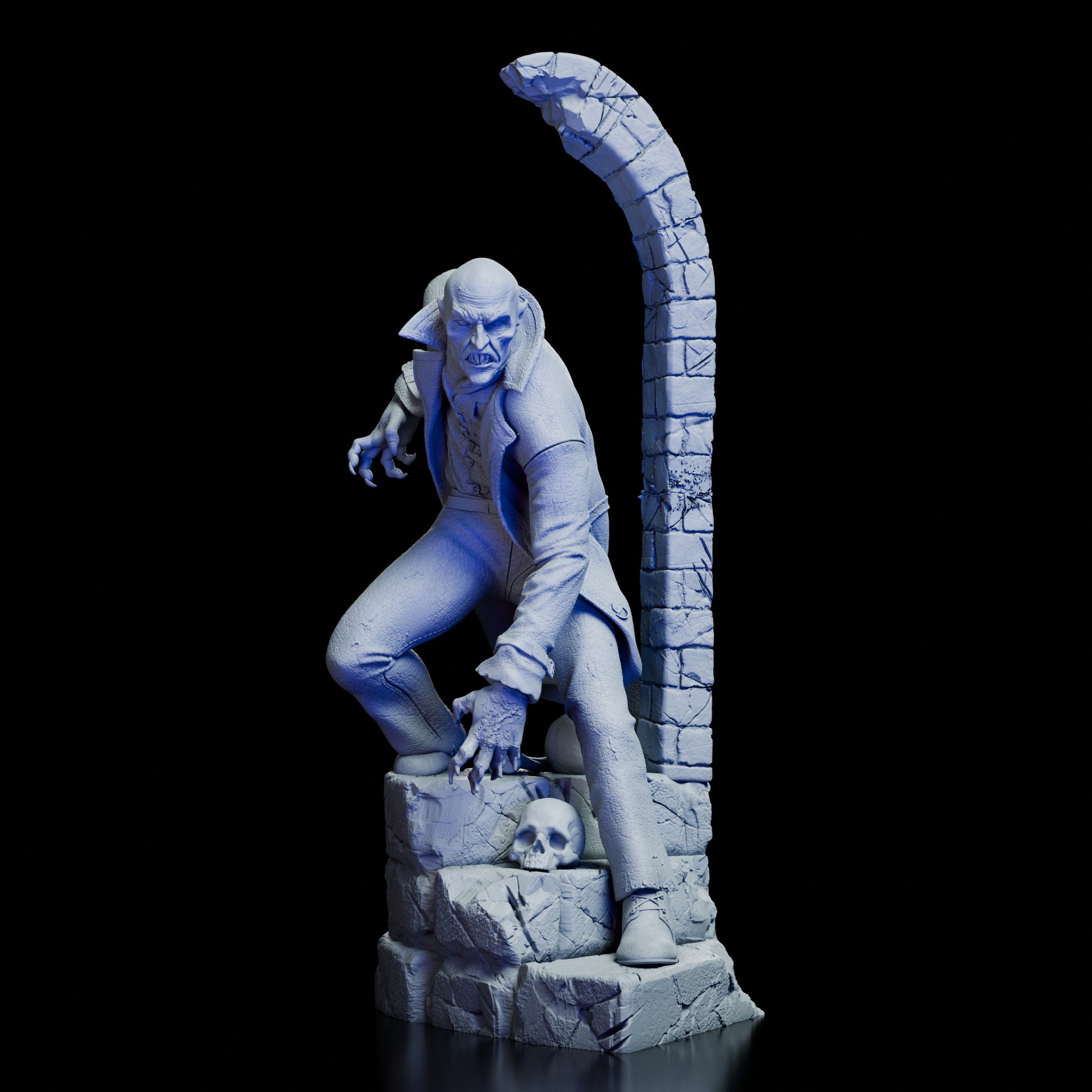 Front view of Nosferatu Figure Model Kit featuring Count Orlok posed with clawed hands and stone arch