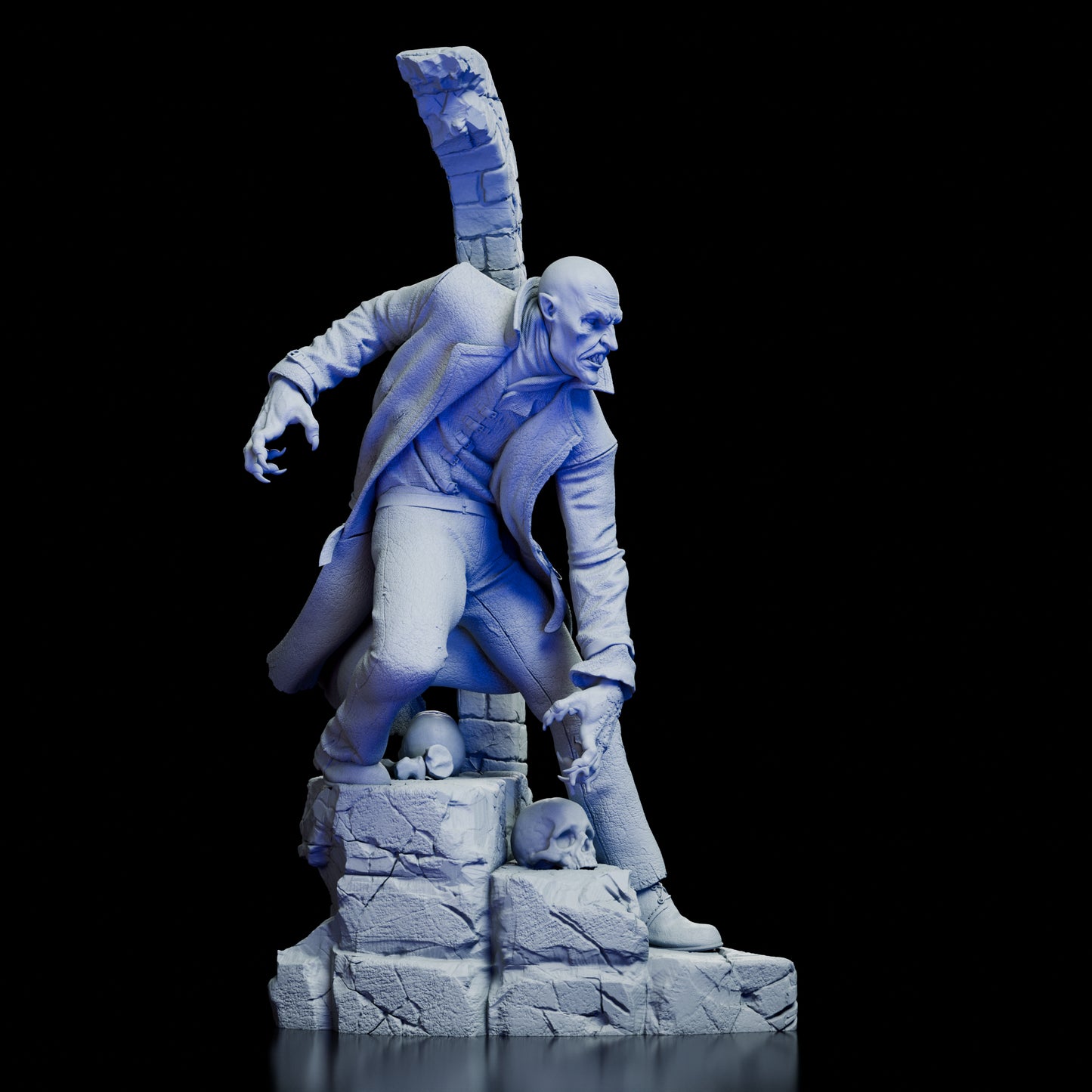 Right profile of Nosferatu Figure Model Kit highlighting angular features and gothic ruin backdrop