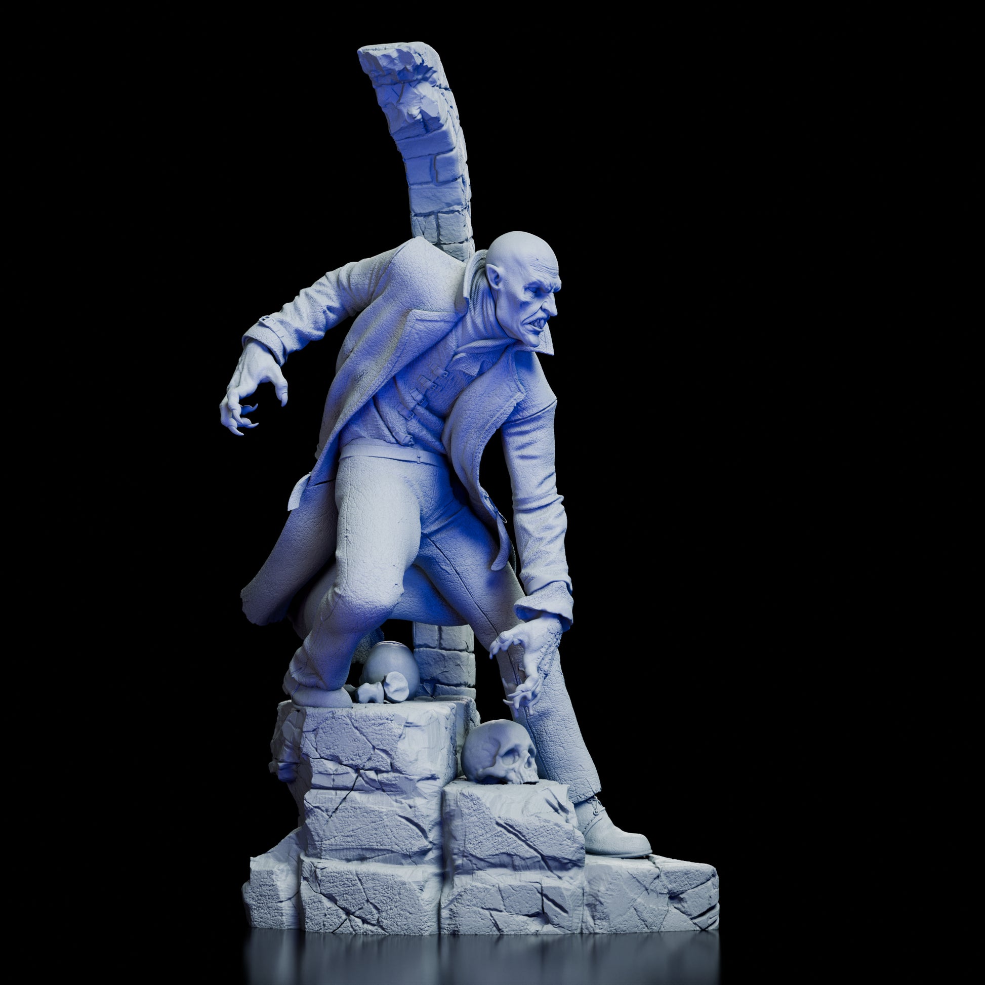Right profile of Nosferatu Figure Model Kit highlighting angular features and gothic ruin backdrop