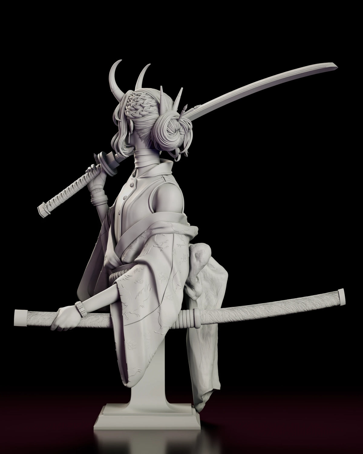 Back view of the Oni Demon Girl Bust showing the hair bun with hairpins, the katana blade and the long sash falling down the pedestal