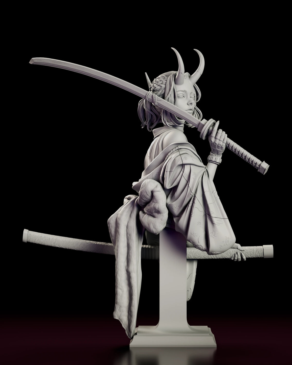 Front view of the Oni Demon Girl Bust figure model kit with a katana on her shoulder and the scabbard held across the pedestal