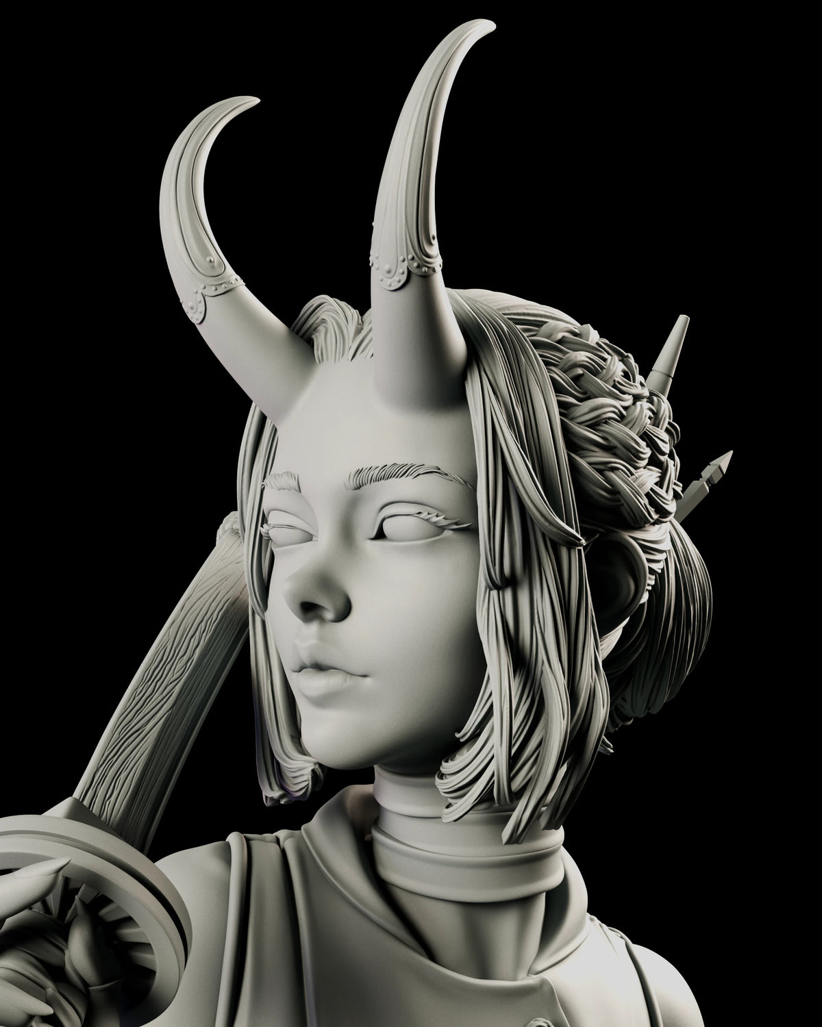 Portrait of the Oni Demon Girl with two long curved horns, a braided bun with hairpins and a short fringe