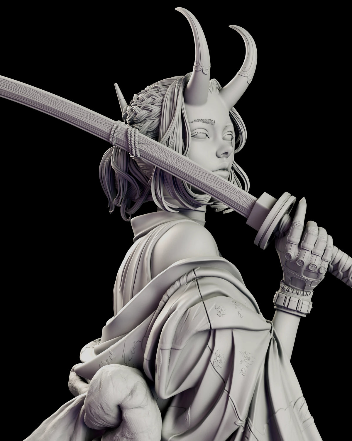 Close view of the Oni Demon Girl gripping her katana at the hilt with a studded glove, the blade resting on her shoulder