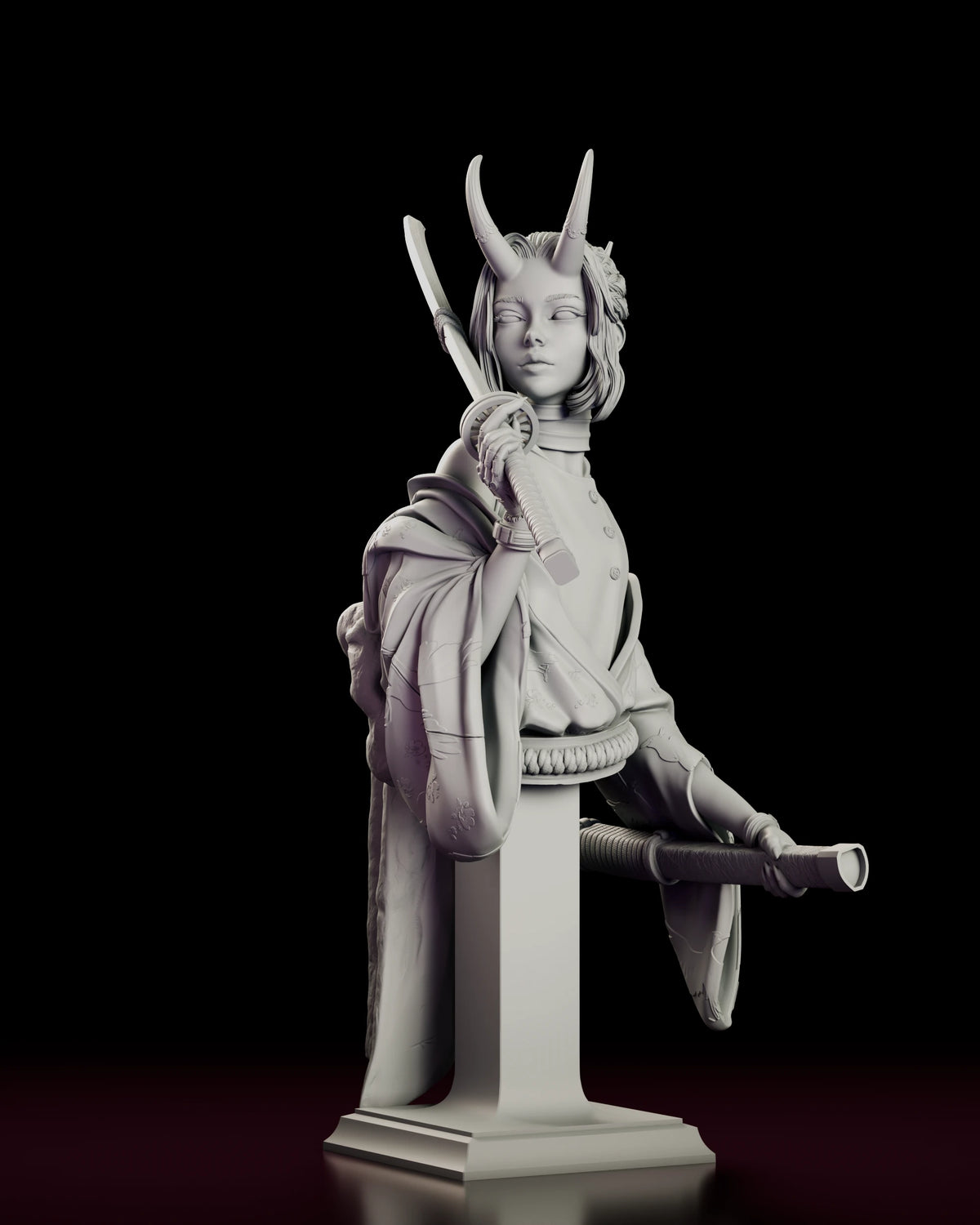 Left side view of the Oni Demon Girl Bust with her free hand holding the scabbard and a corded belt at her waist