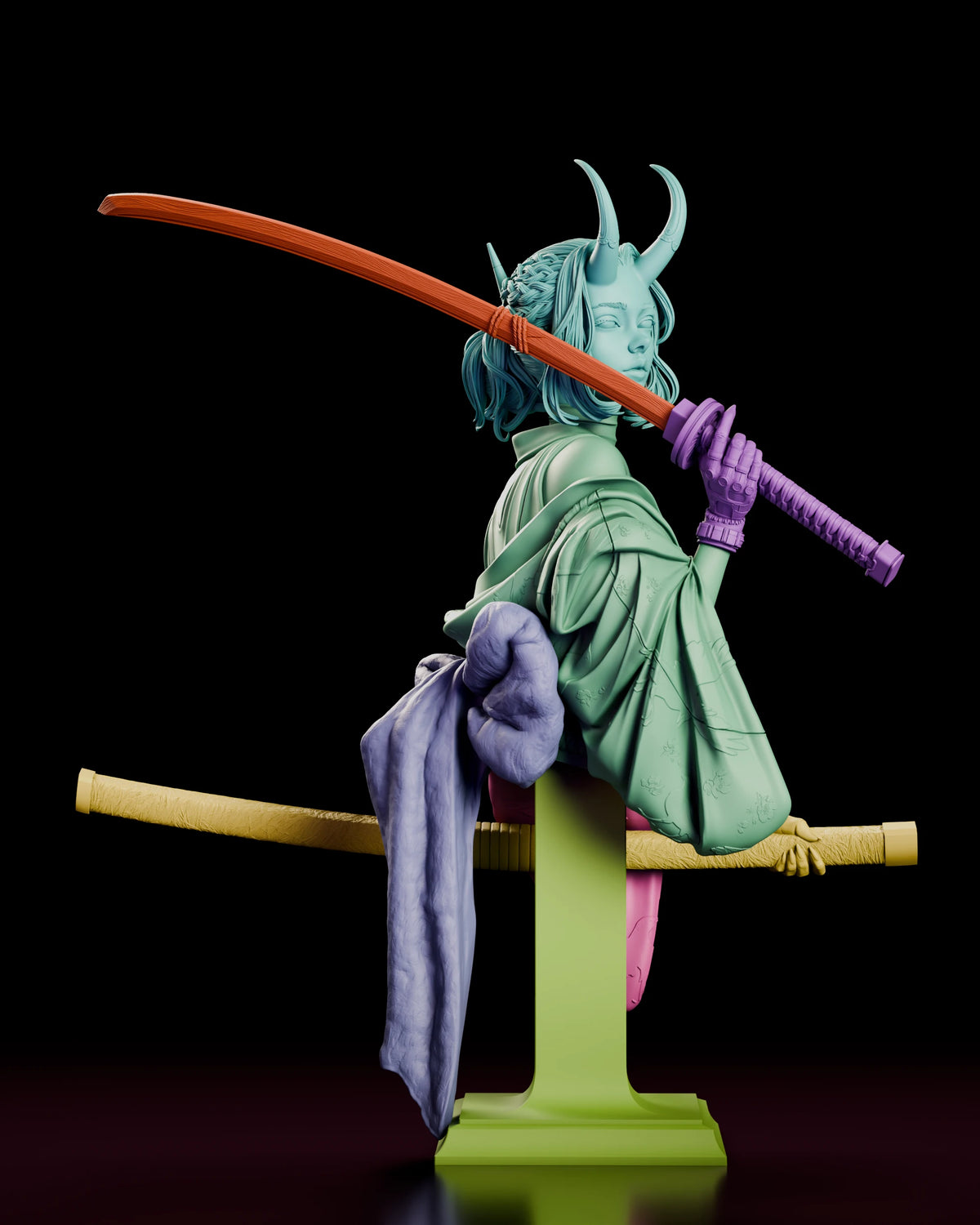 Parts breakdown of the Oni Demon Girl Bust figure model kit with head, body, katana, scabbard, sash and pedestal shown in separate colours