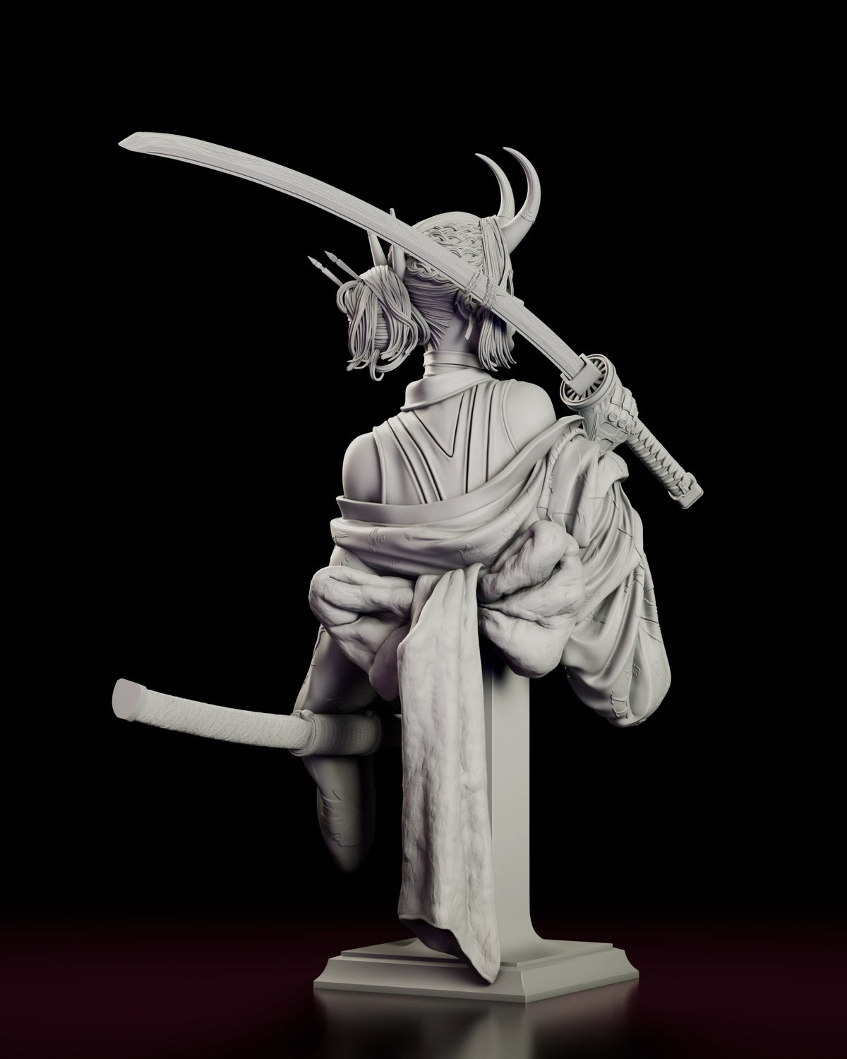 Right side view of the Oni Demon Girl Bust showing the kimono slipped from her shoulder and the knotted sash at her back