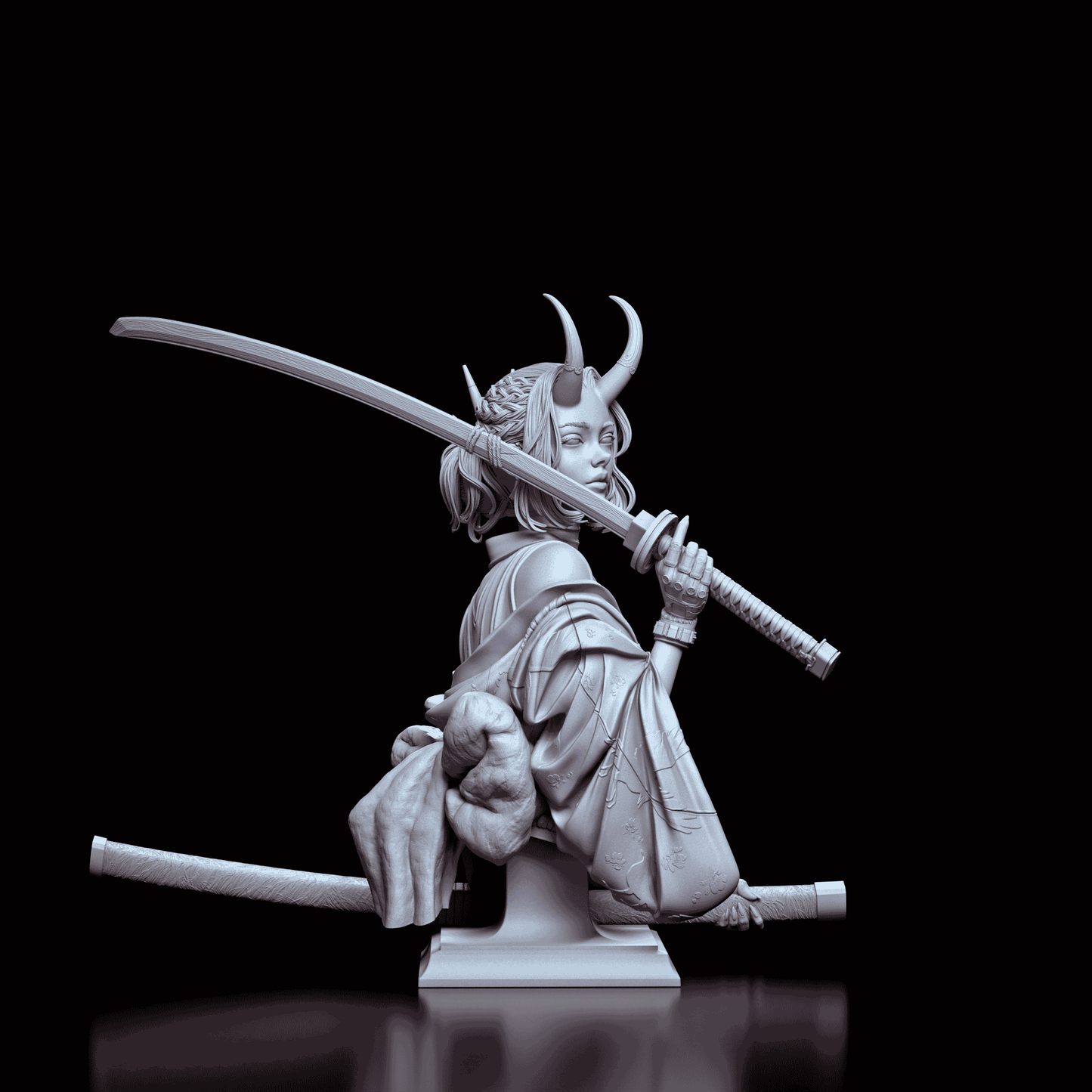 Front view of the Oni Demon Girl Bust featuring horns, serene facial expression, and a katana sword positioned across her shoulder.