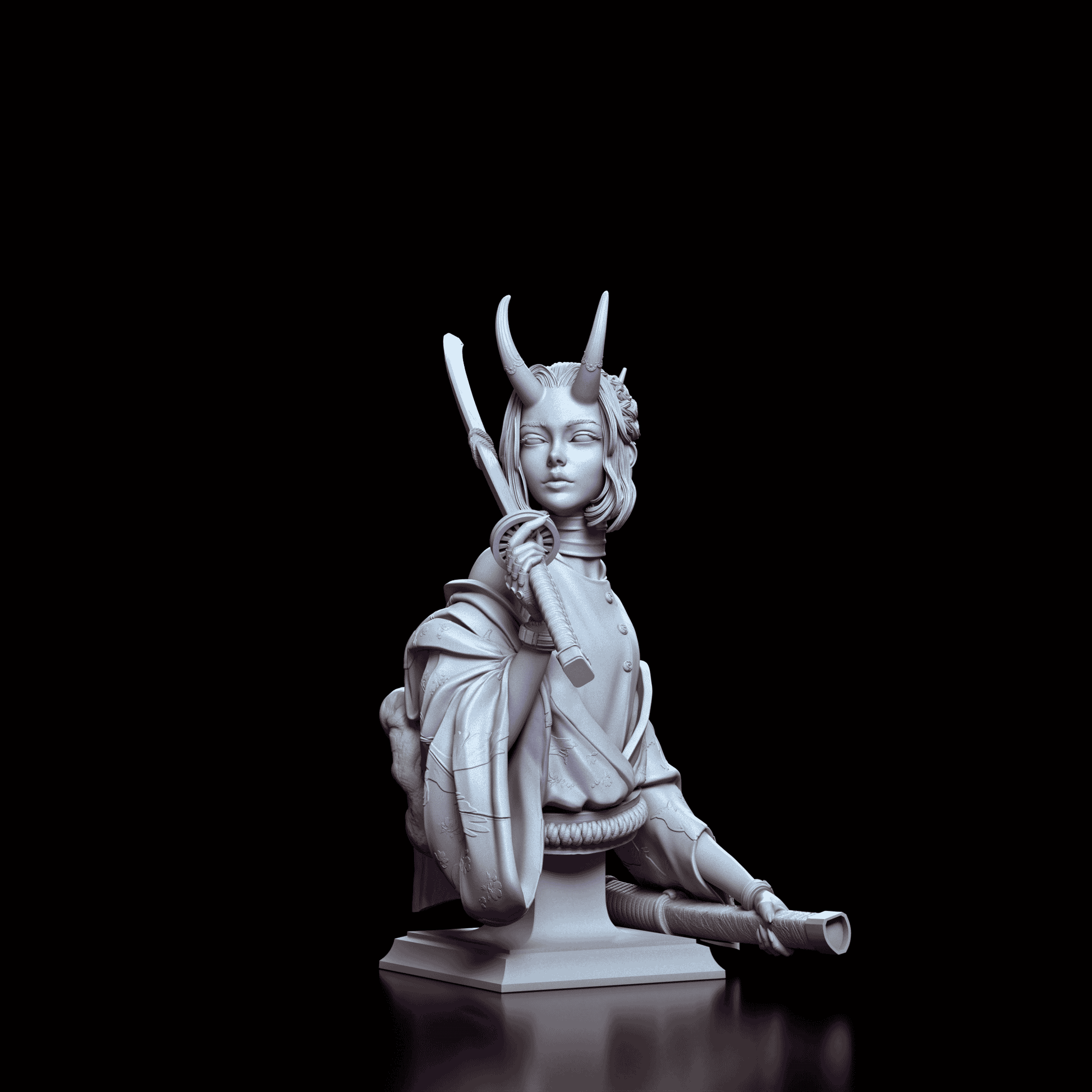 Left side profile of the Oni Demon Girl Bust displaying the elegant horn design, flowing hair, and traditional Japanese-inspired clothing.