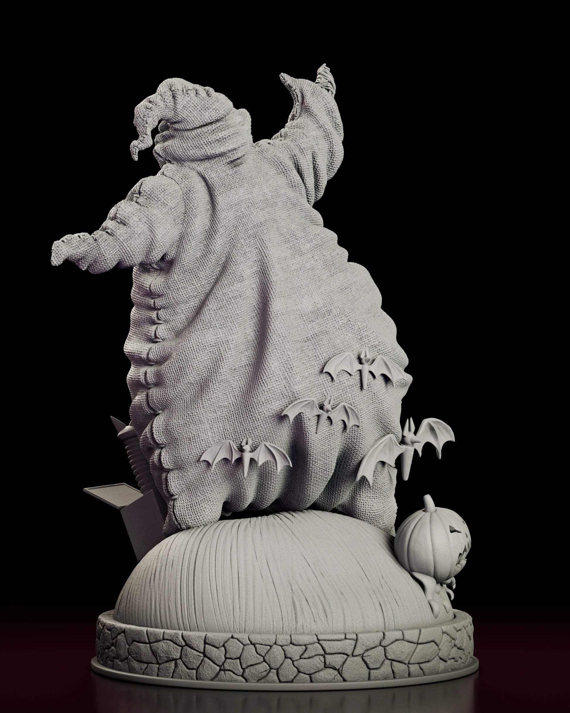 Rear view of the Oogie Boogie figure model kit showing the woven back of the sack and the cobblestone rim of the base