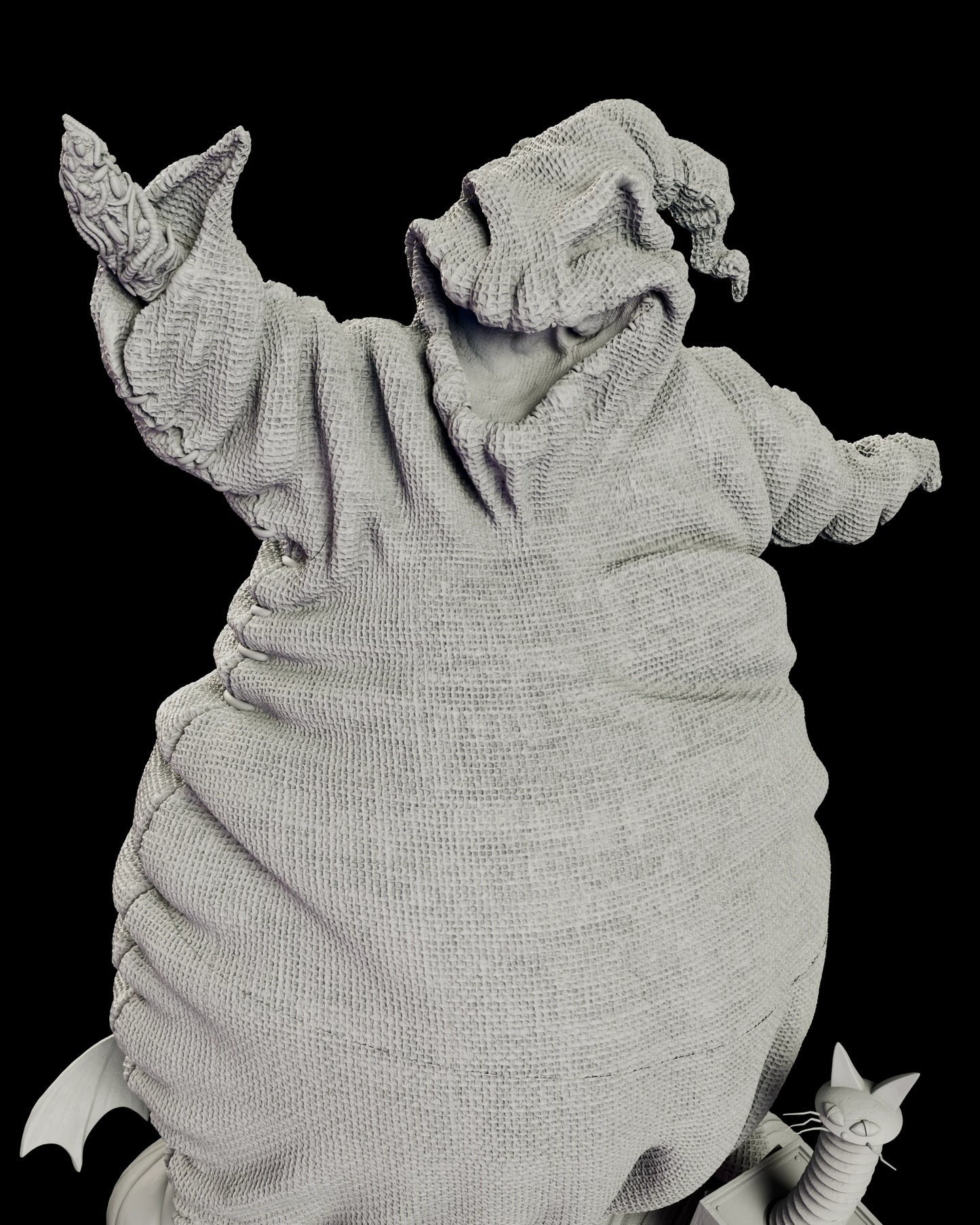 Close detail of the Oogie Boogie figure model kit showing the burlap weave and stitched seams across the body and the bugs sculpted spilling from his raised hand