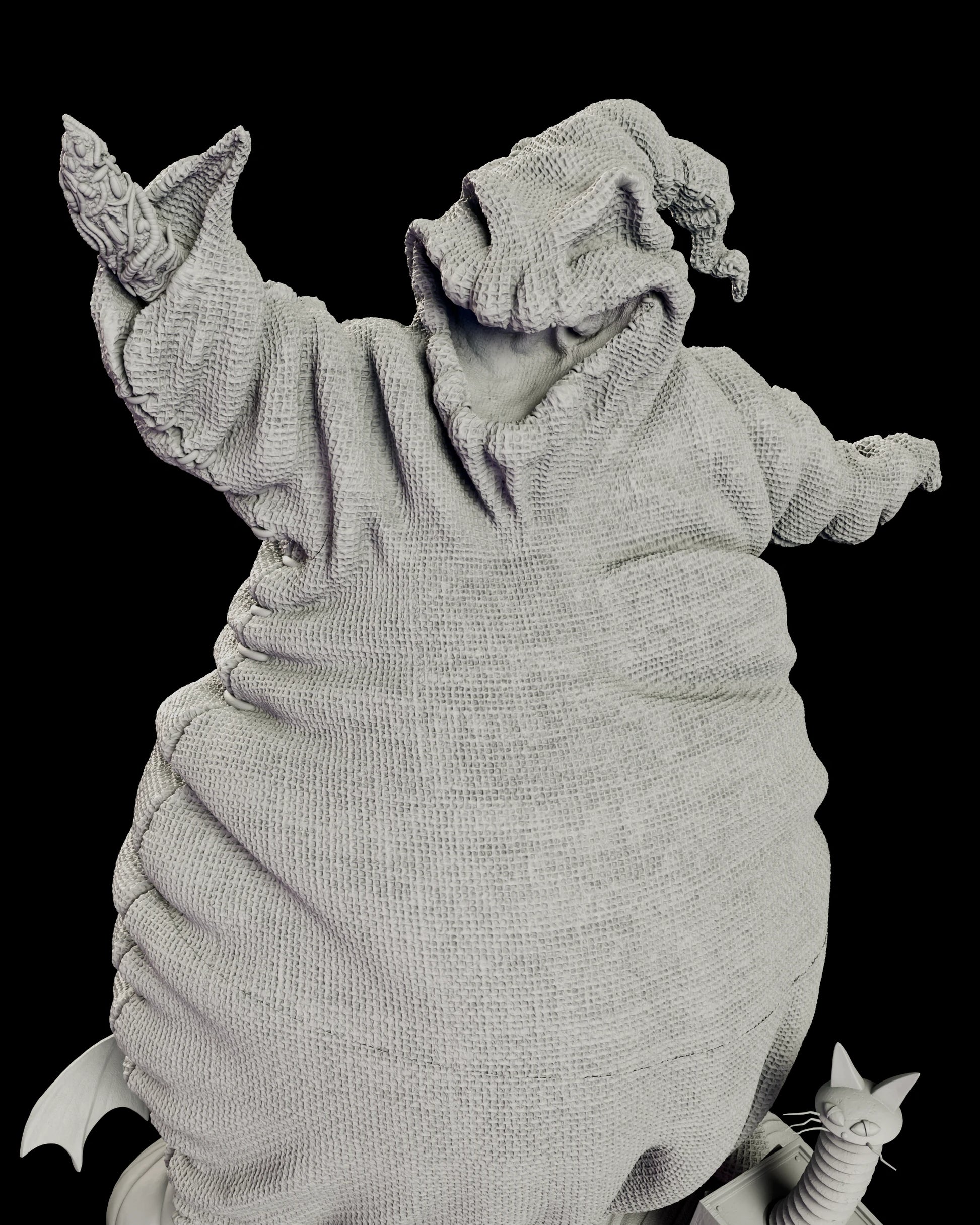 Close detail of the Oogie Boogie figure model kit showing the burlap weave and stitched seams across the body and the bugs sculpted spilling from his raised hand