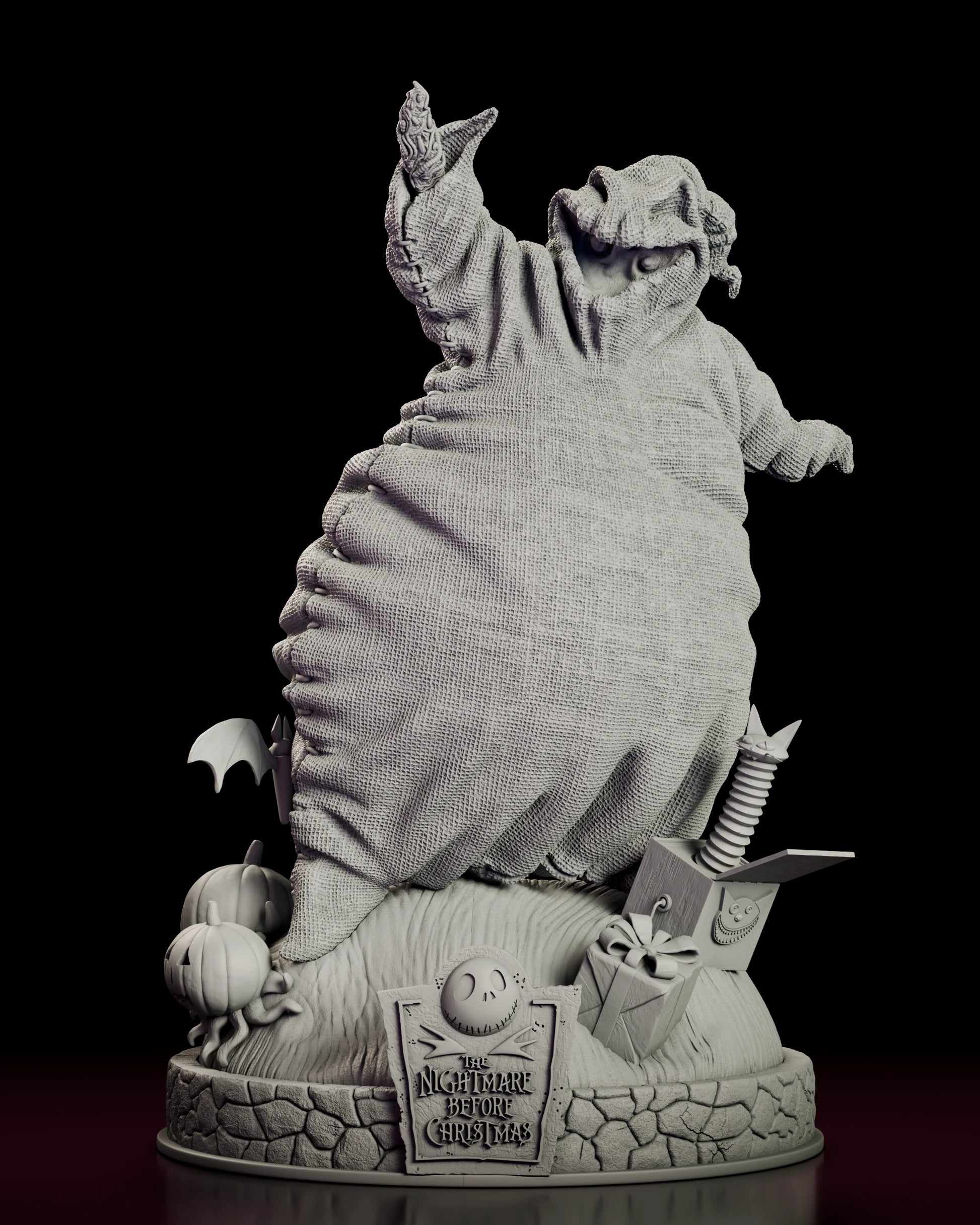 Front view of the Oogie Boogie figure model kit looming with one arm raised above the pumpkins and toys on the base