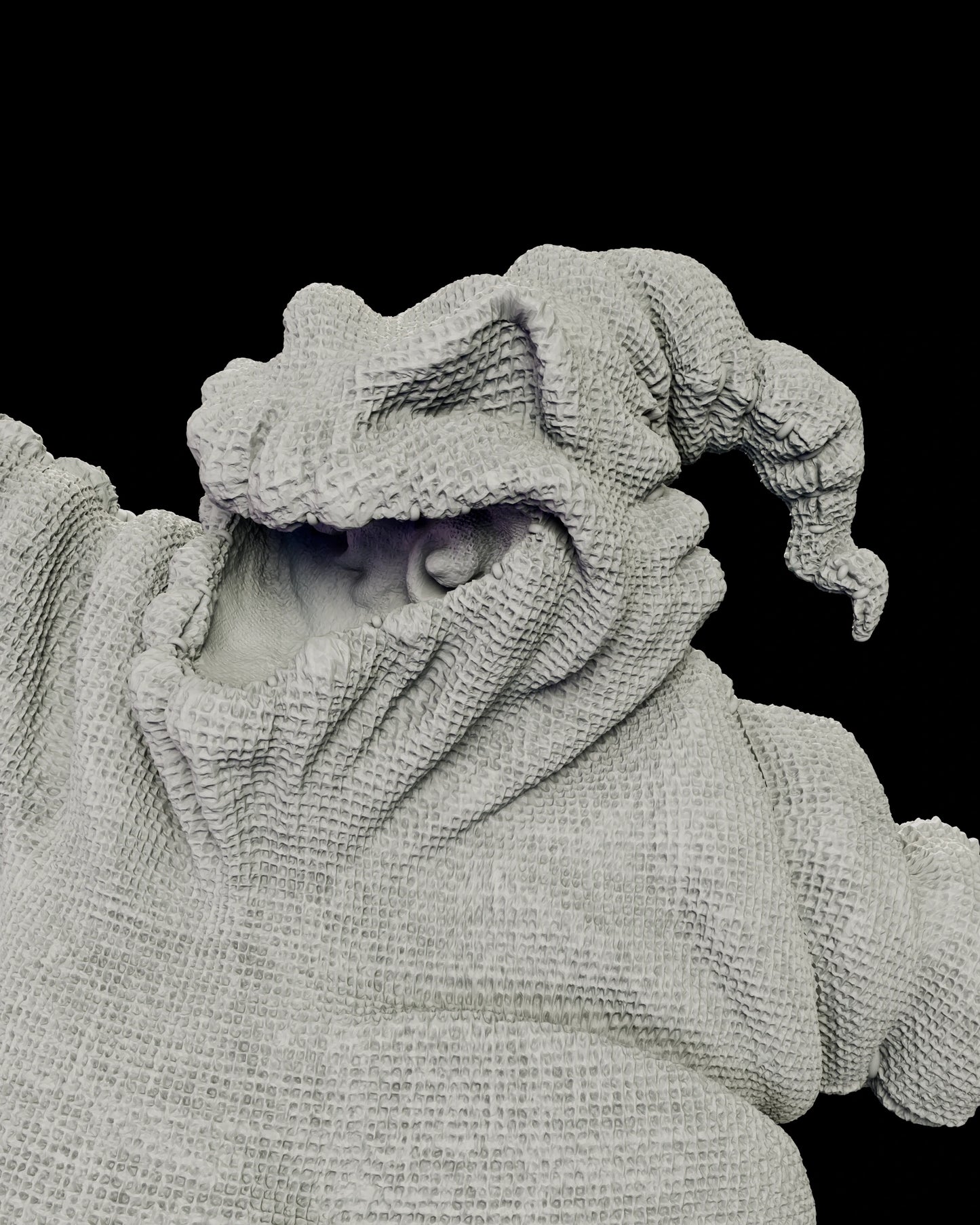 Portrait view of Oogie Boogie on the figure model kit with his hood pulled forward and the eyes set deep in the shadowed face