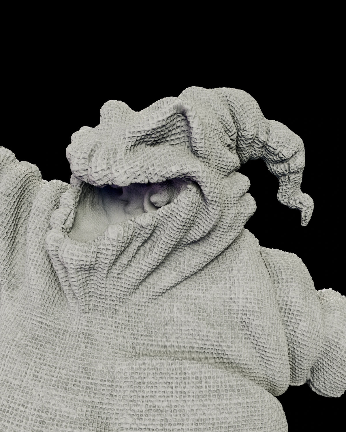 Portrait view of Oogie Boogie on the figure model kit with his hood pulled forward and the eyes set deep in the shadowed face