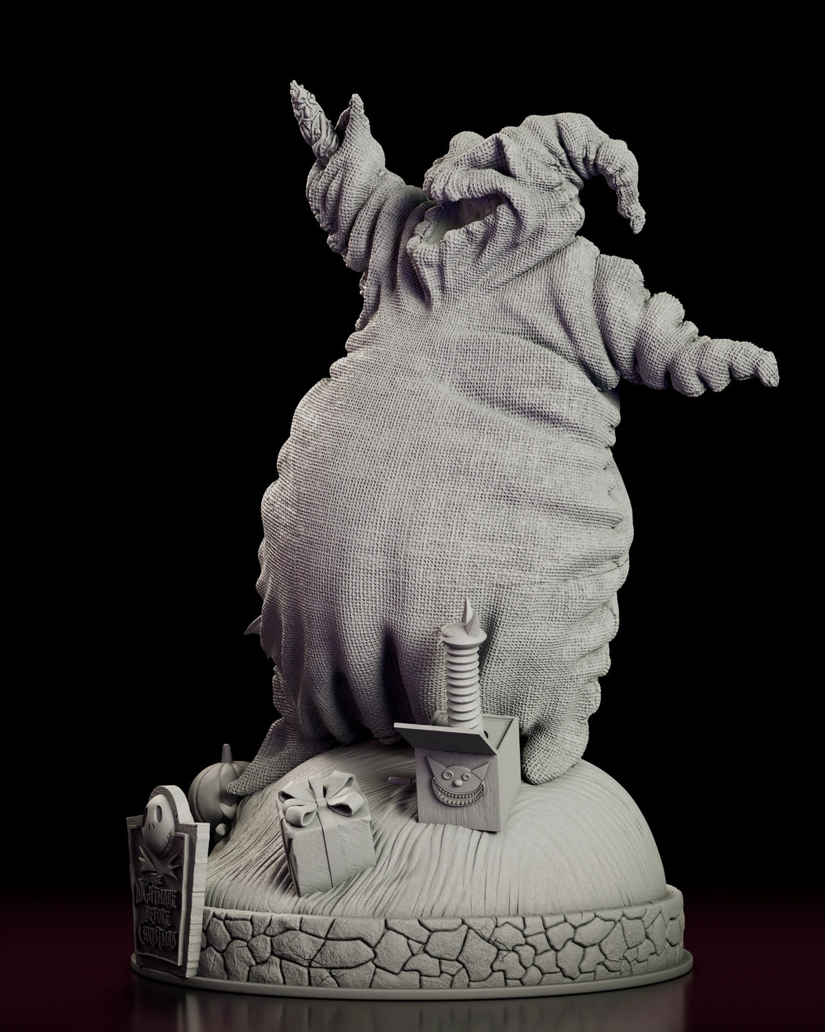 Left side view of the Oogie Boogie figure model kit showing the raised arm and the bat perched at the base