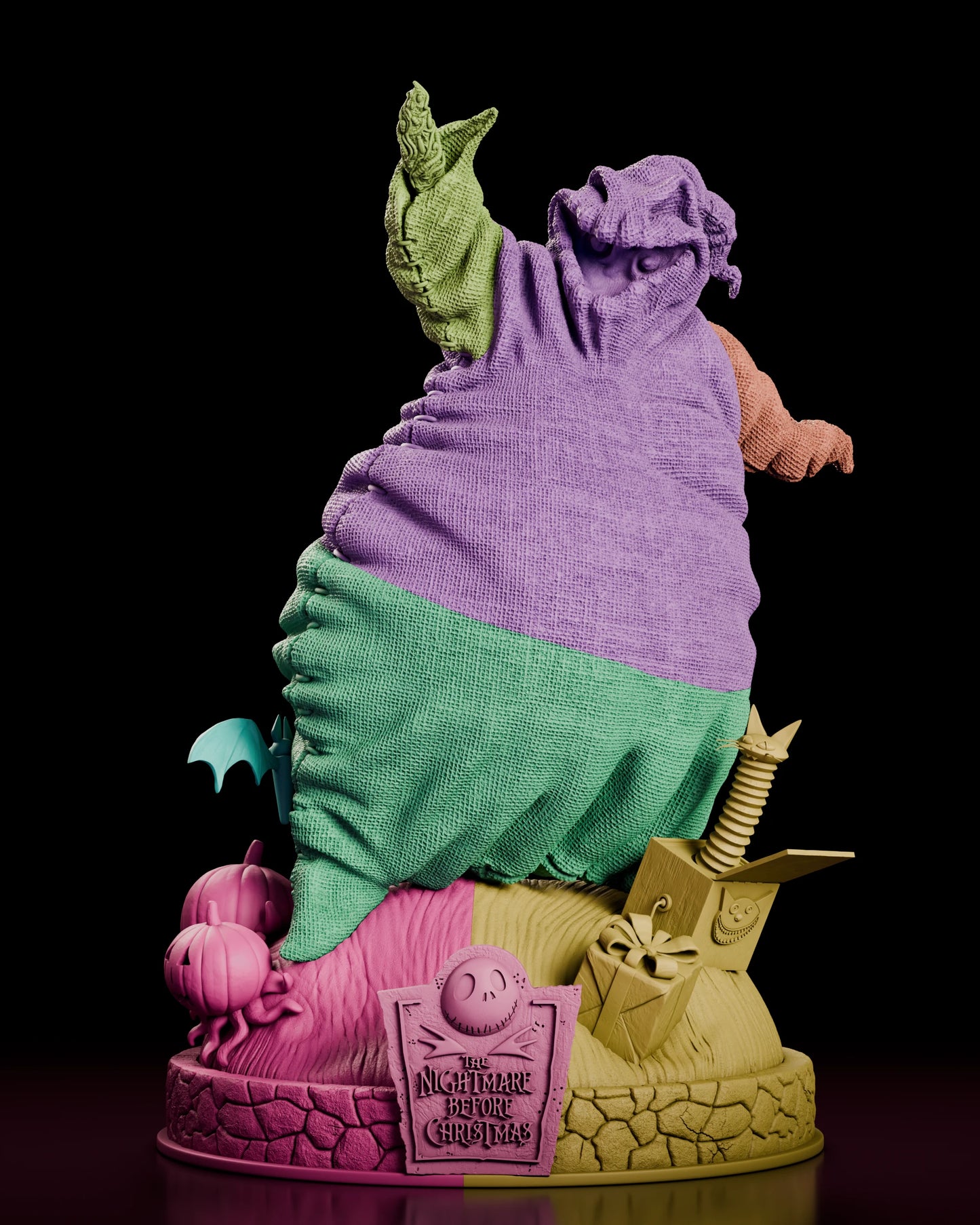 Parts breakdown of the Oogie Boogie figure model kit with each component shown in a separate colour for assembly