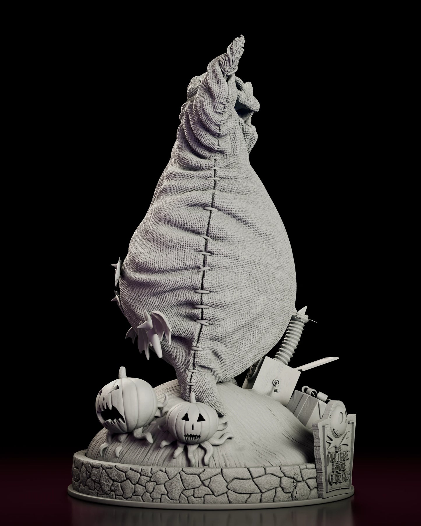 Right side view of the Oogie Boogie figure model kit showing the weight of the sack body and the stitched seam running down his side