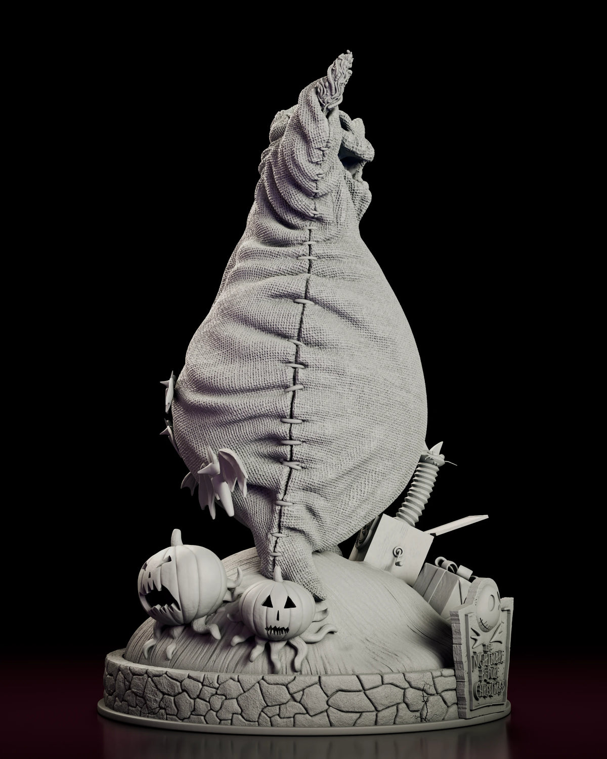 Right side view of the Oogie Boogie figure model kit showing the weight of the sack body and the stitched seam running down his side