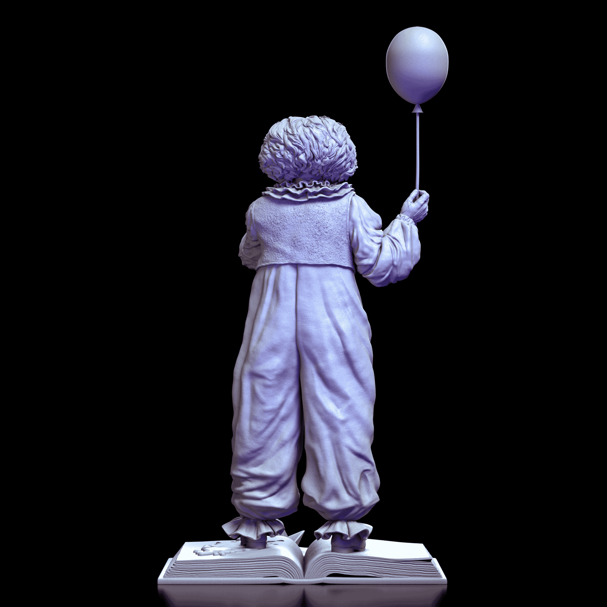Back view of Pennywise maquette by Diklich Art holding a balloon above a dripping open book base  