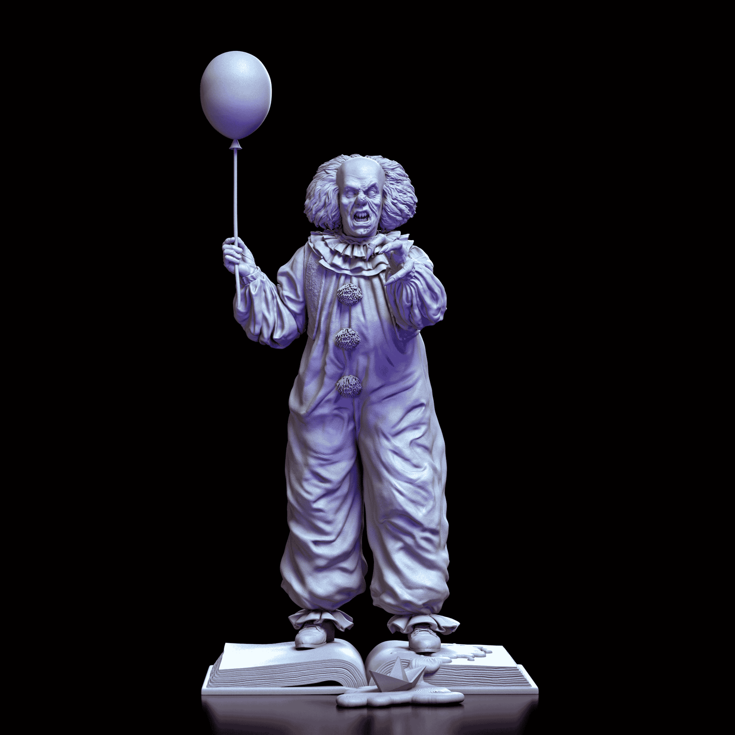 Front view of Pennywise maquette by Diklich Art with a snarling expression holding a balloon over a melting book base  