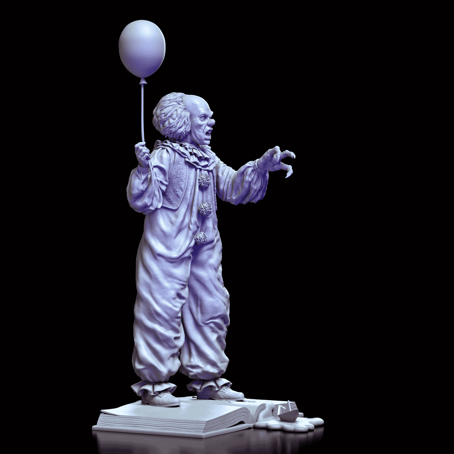 Right profile of Pennywise maquette by Diklich Art clutching a balloon atop a melting open book base  