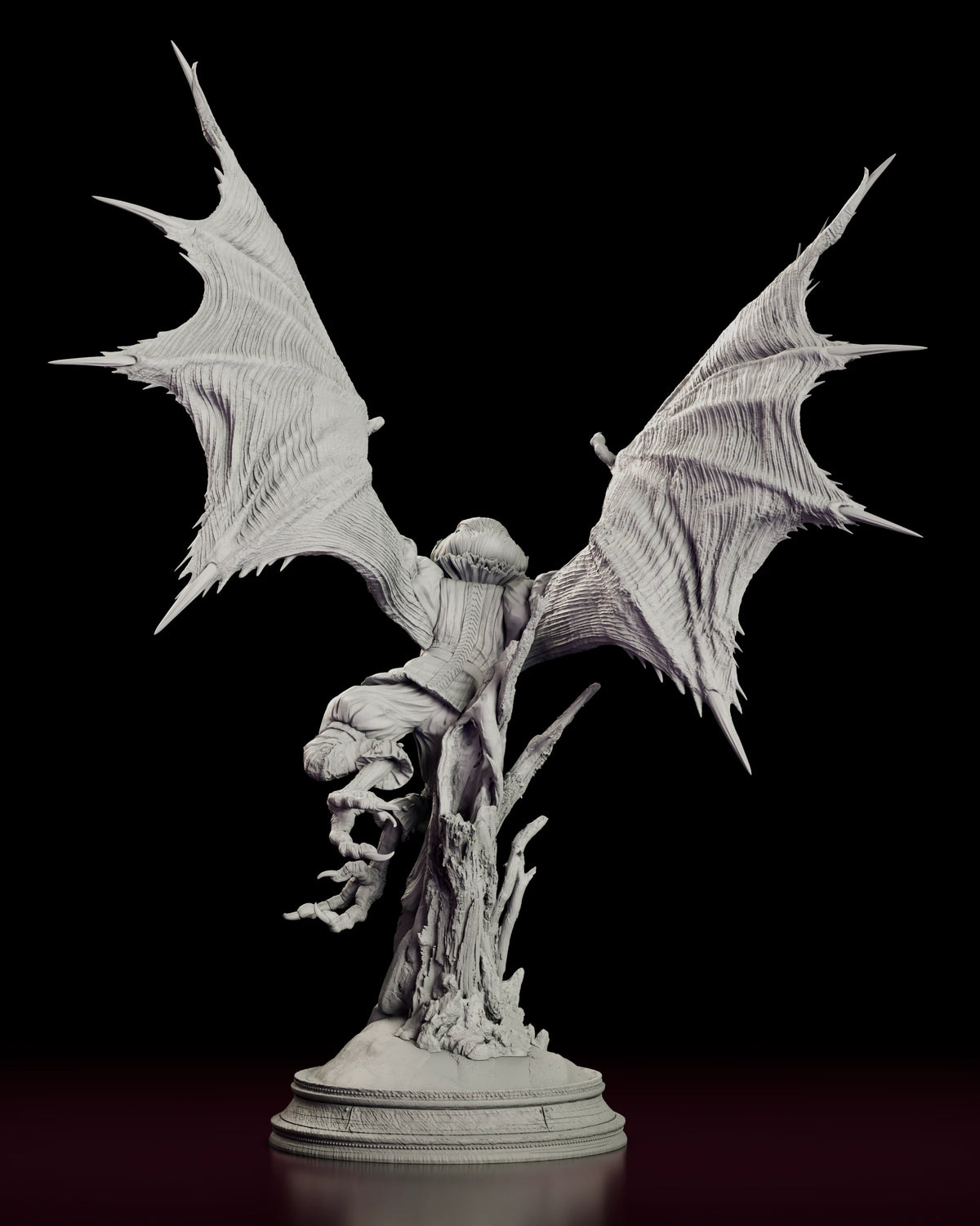 Rear view of the Pennywise - Winged Horror figure model kit showing the backs of both wing membranes, the shoulders of the ruffed costume and the scrolled nameplate on the display base