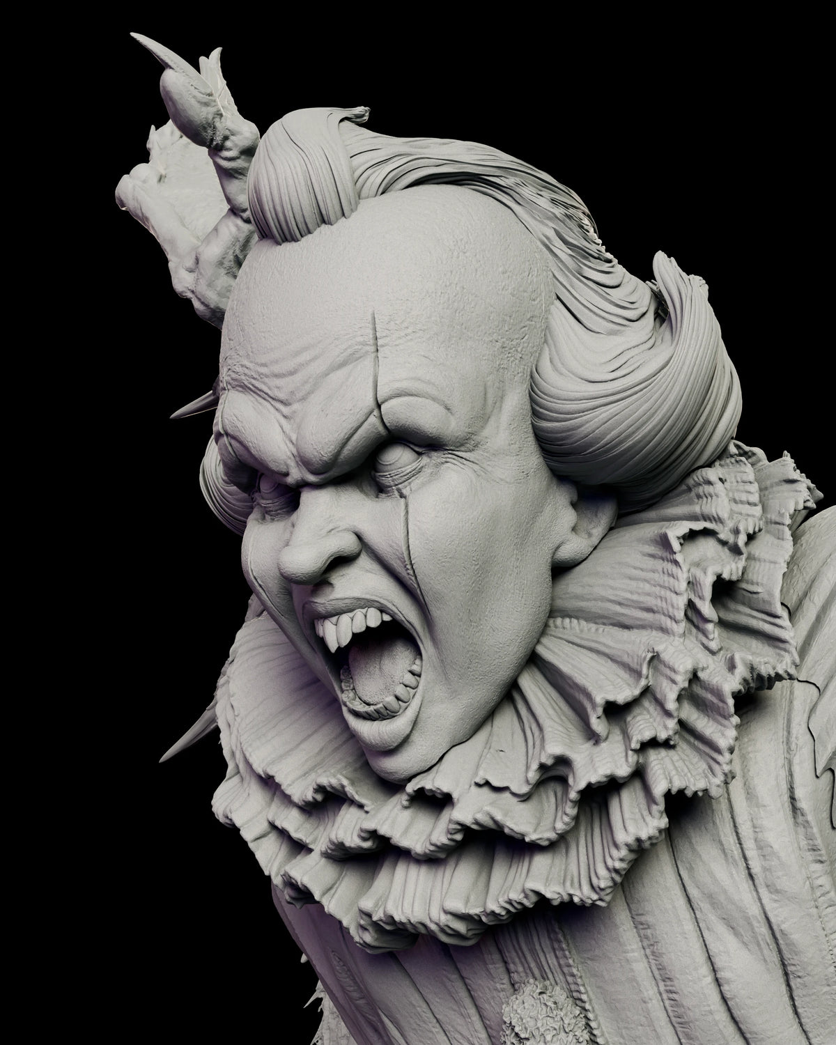Portrait detail of the Pennywise - Winged Horror figure model kit, showing the high domed forehead, the swept twin points of hair, the scored lines running through the eyes and the mouth stretched around rows of needled teeth