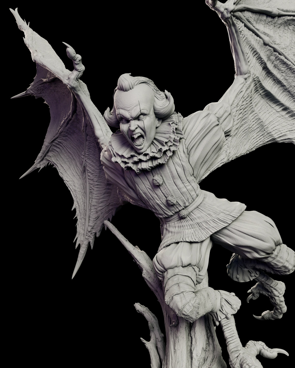 Close view of the Pennywise - Winged Horror figure model kit, showing the creased and scarred wing membranes with their ragged trailing edges and clawed thumbs, the pleated ruff and the pom-pom fastenings
