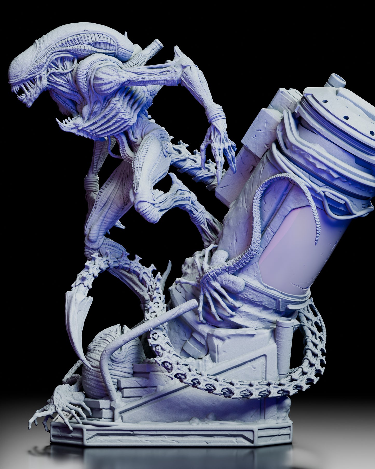 Left side view of The Perfect Organism Xenomorph figure kit showcasing the coiled tail, extended limbs, and detailed environment base.