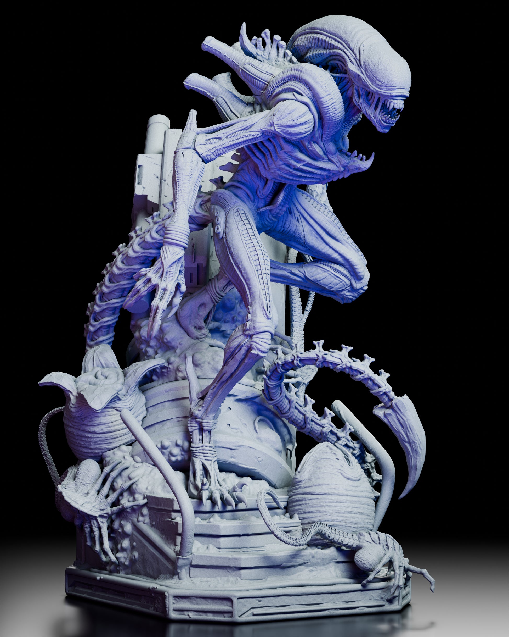 Right side view of The Perfect Organism Xenomorph figure kit displaying the aggressive pose and broken industrial pipework beneath the creature.