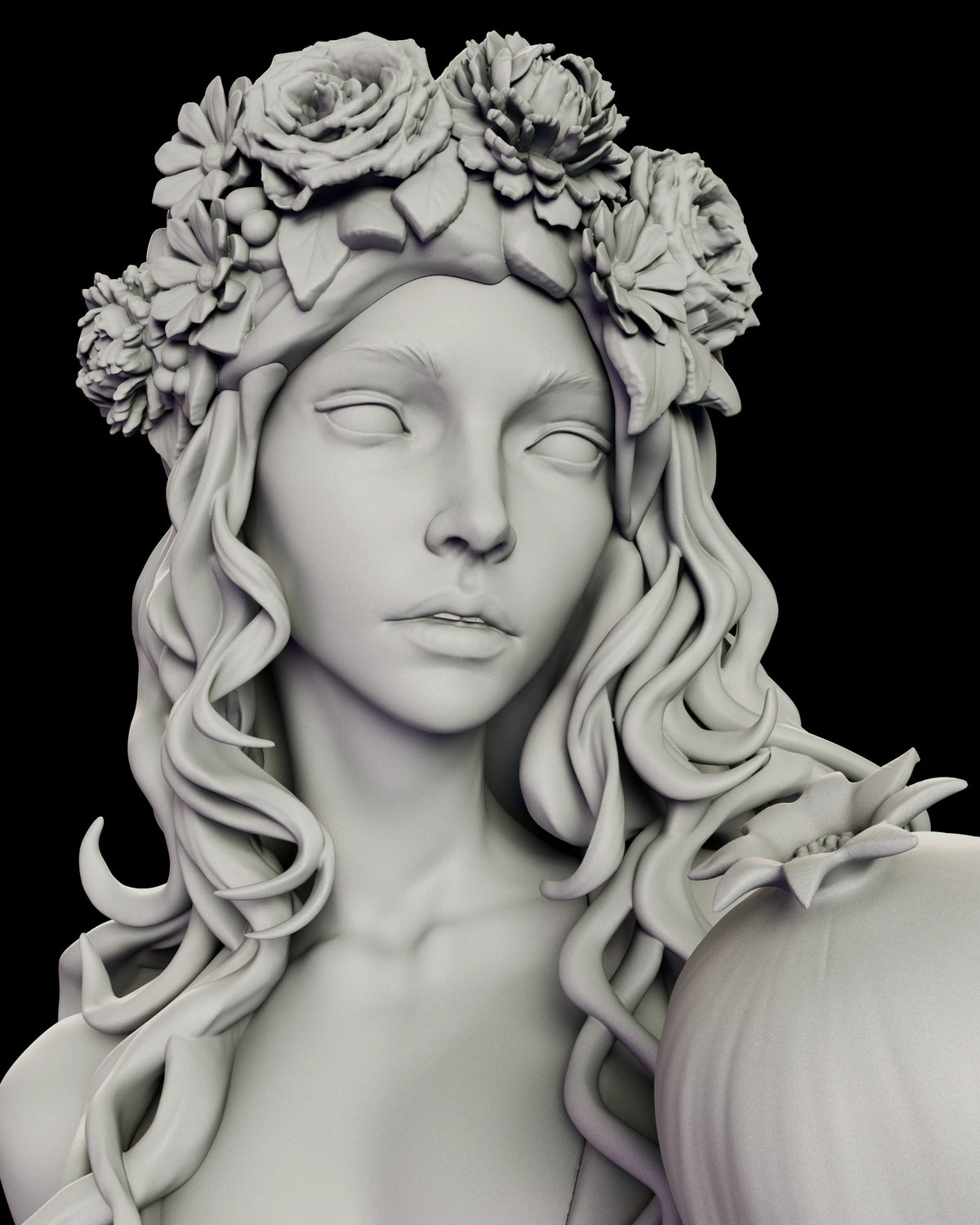 Portrait of Persephone with a crown of full-bloom flowers and long wavy hair