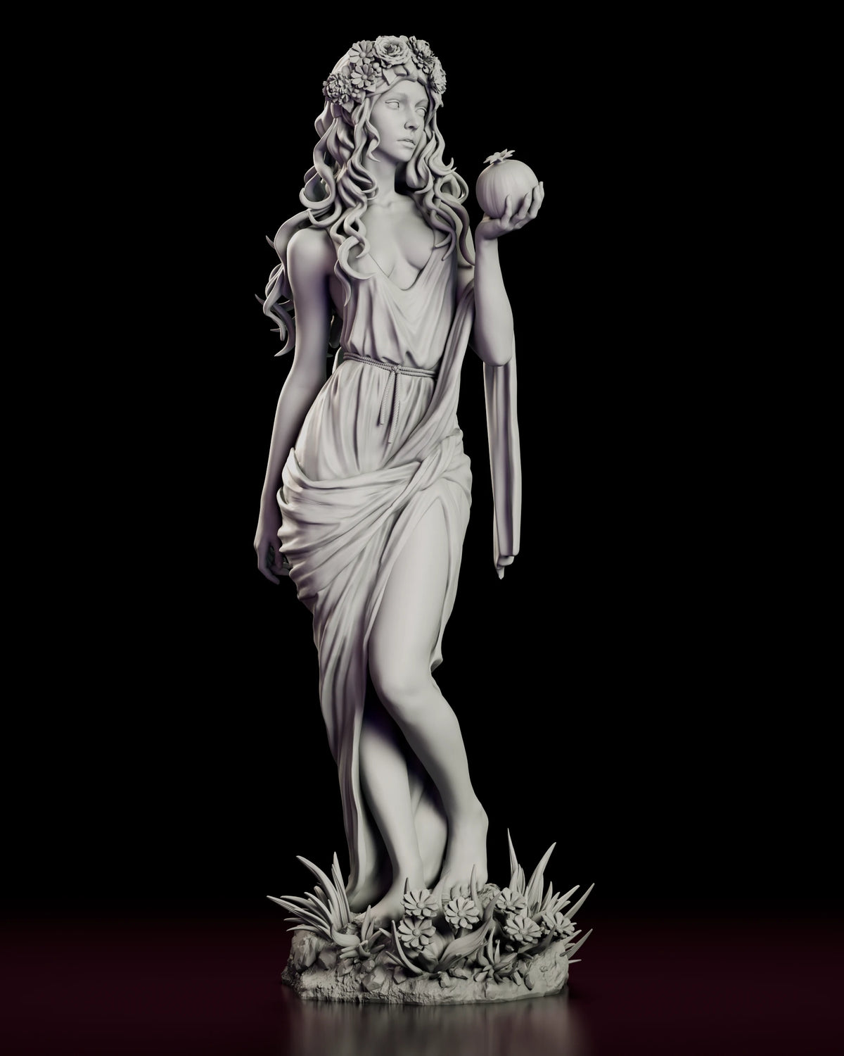 Front view of the Persephone figure model kit standing on a grassy flowered base holding a pomegranate