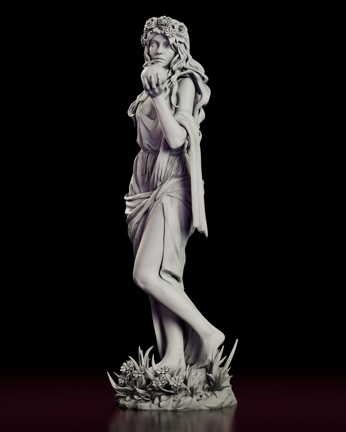 Left side view of Persephone showing the belted gown and long hair