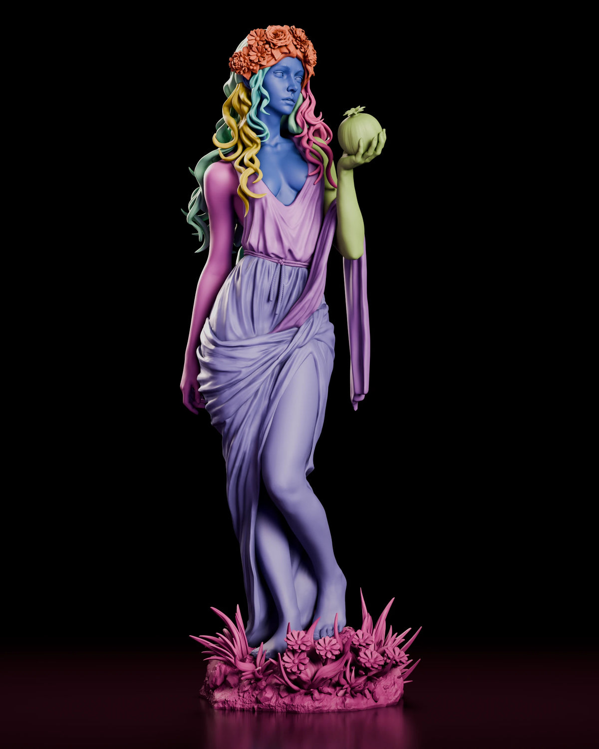 Parts breakdown of the Persephone figure model kit with figure, arm and base shown in separate colours