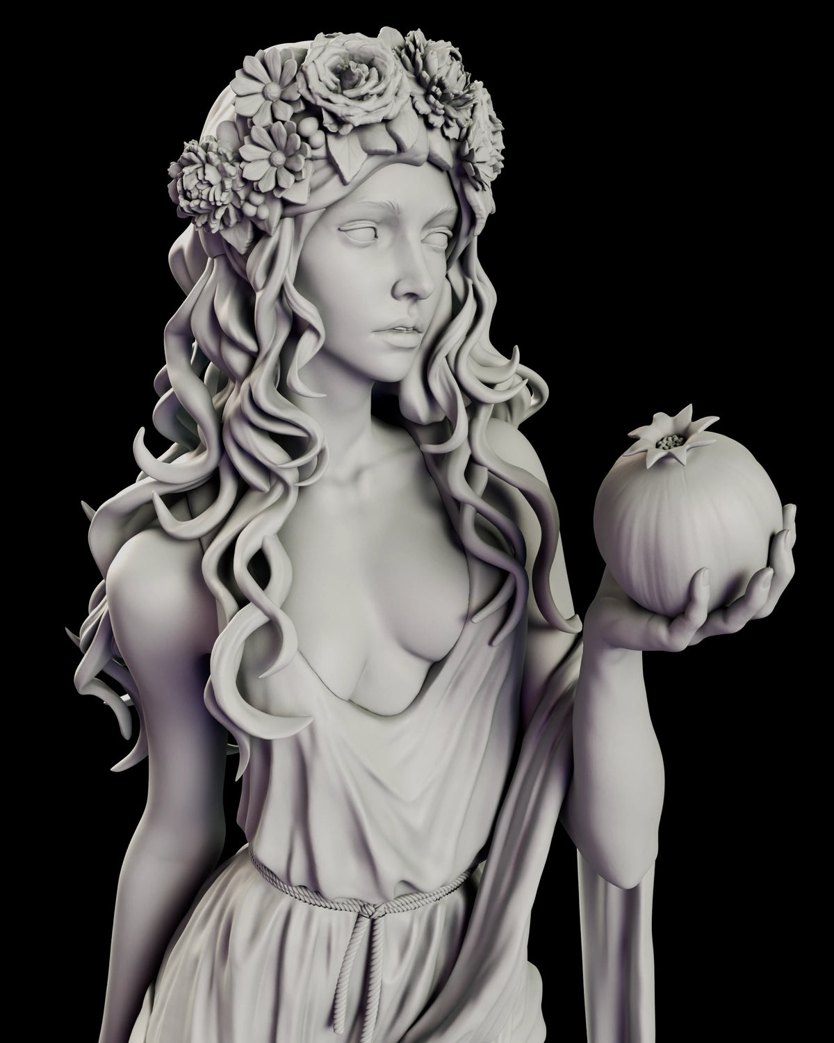 Close view of Persephone raising a pomegranate in her open hand, her gown slipping off one shoulder
